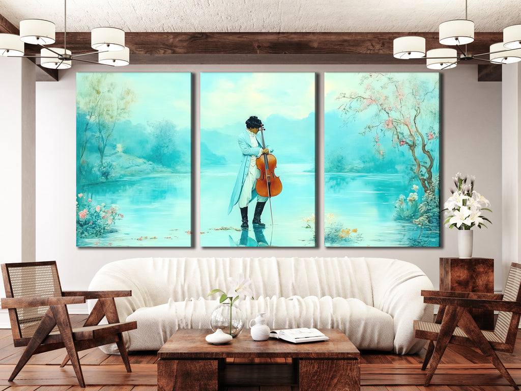 Serene Art Print featuring a romantic cello by the lake in pastel fantasy, complementing a cozy living room with rustic wooden decor