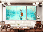Serene Art Print featuring a romantic cello by the lake in pastel fantasy, complementing a cozy living room with rustic wooden decor