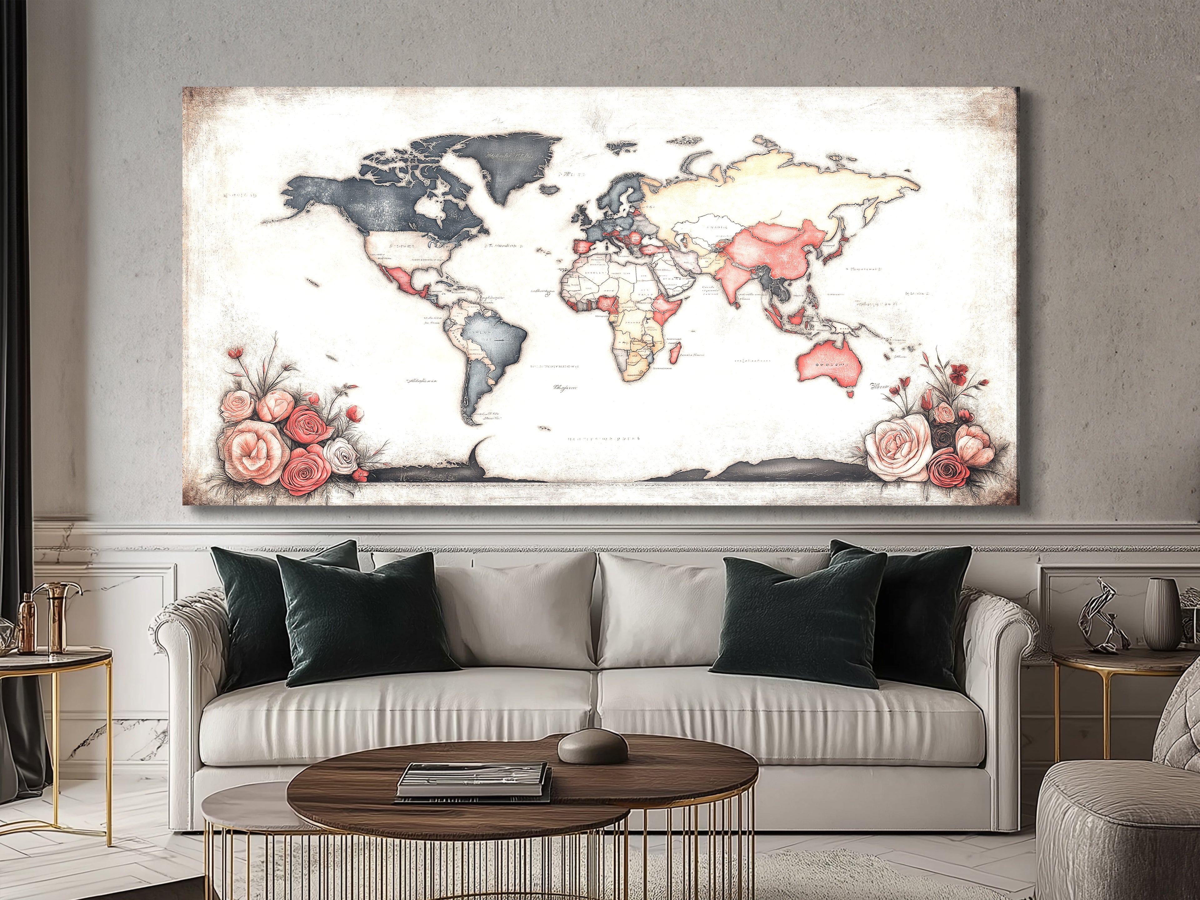 Shabby chic wall art featuring a global map design accented by soft floral details.