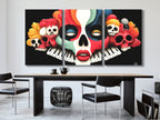Skull keyboard art print highlighting a surreal fusion of gothic and pop-art styles.