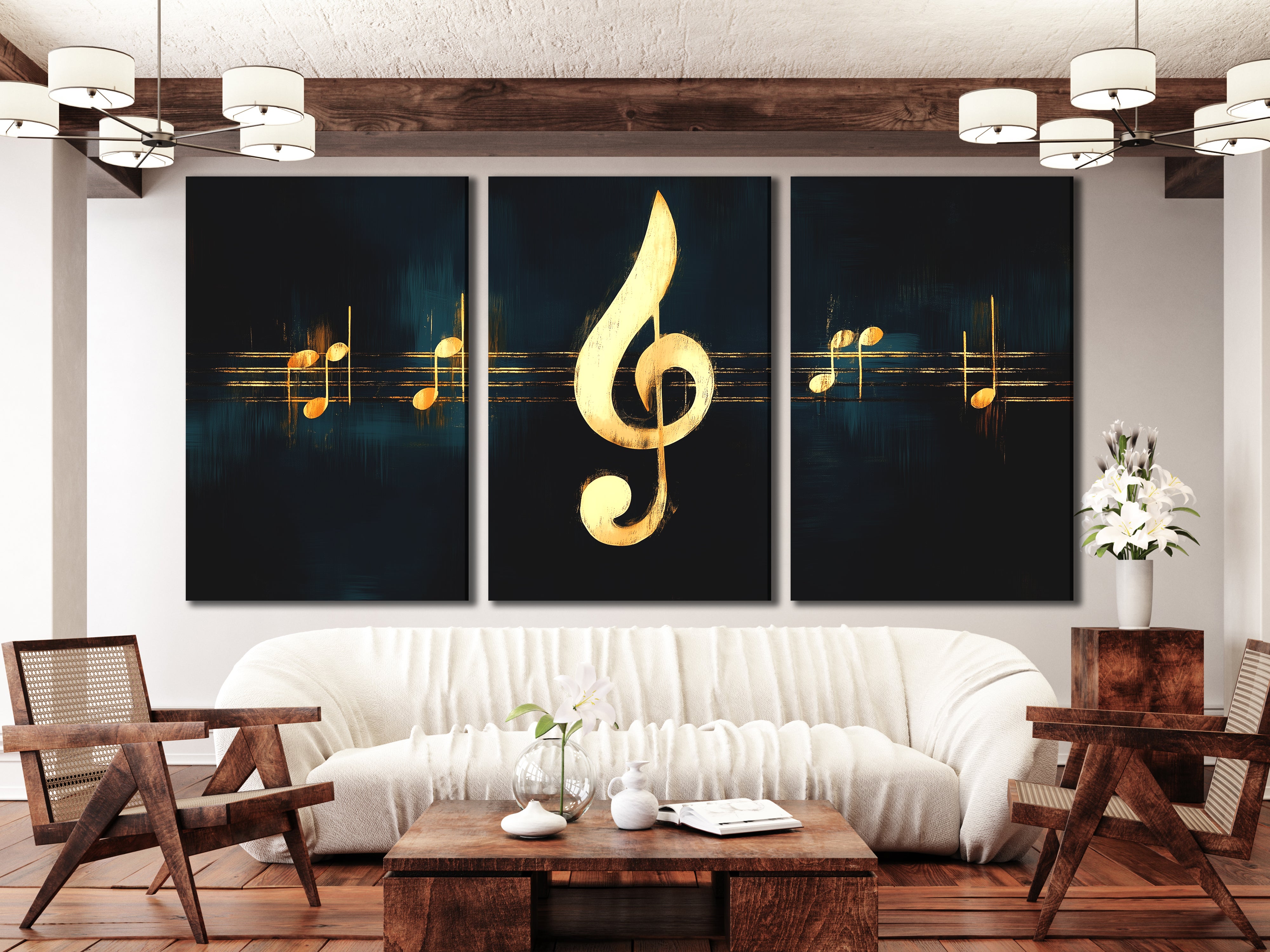 Sophisticated black-and-gold treble clef canvas styled in a living space