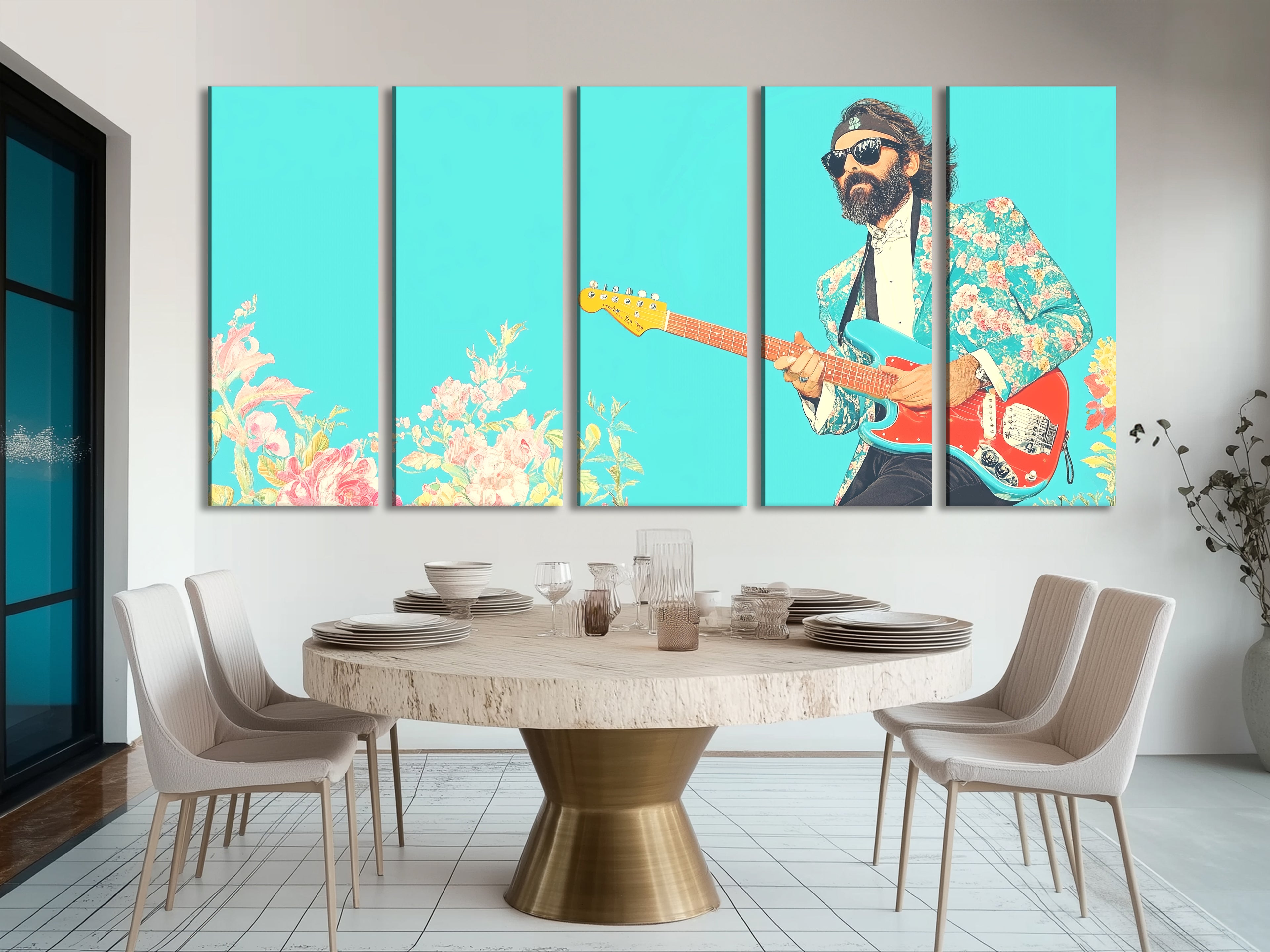 Split panel art of a musician in a floral suit playing guitar, displayed in a modern dining room.