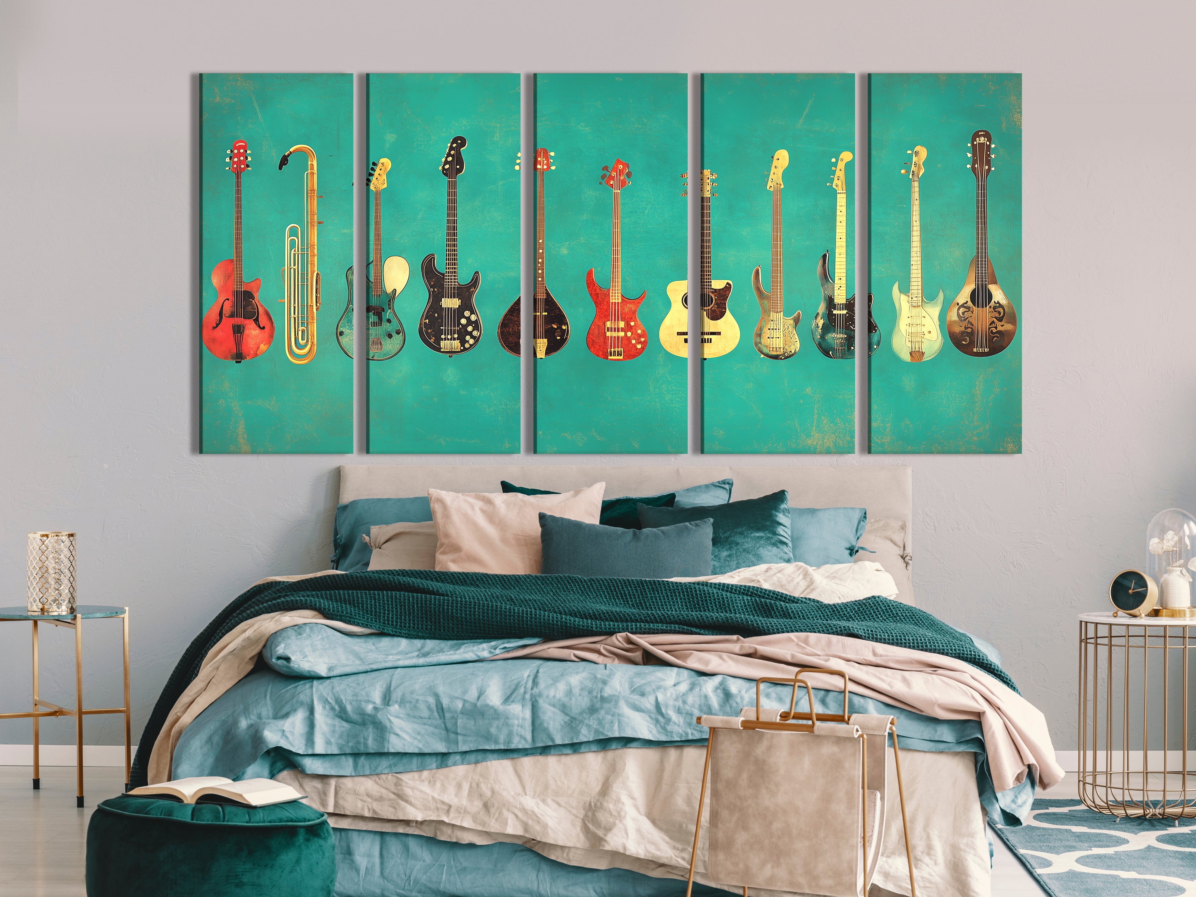 Striking poster of diverse guitars lined up on a weathered teal backdrop.