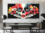 Striking skull-themed piece merging music and vivid hues for a daring statement.