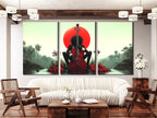 Striking wall decor of a cello player in silhouette framed by palm trees and red blooms.
