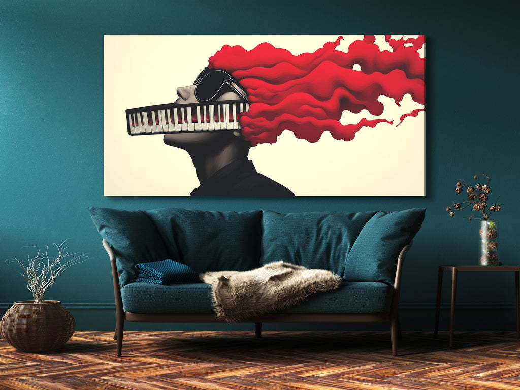 Surreal keyboard mouth canvas print featuring bold red hair in a modern art style.