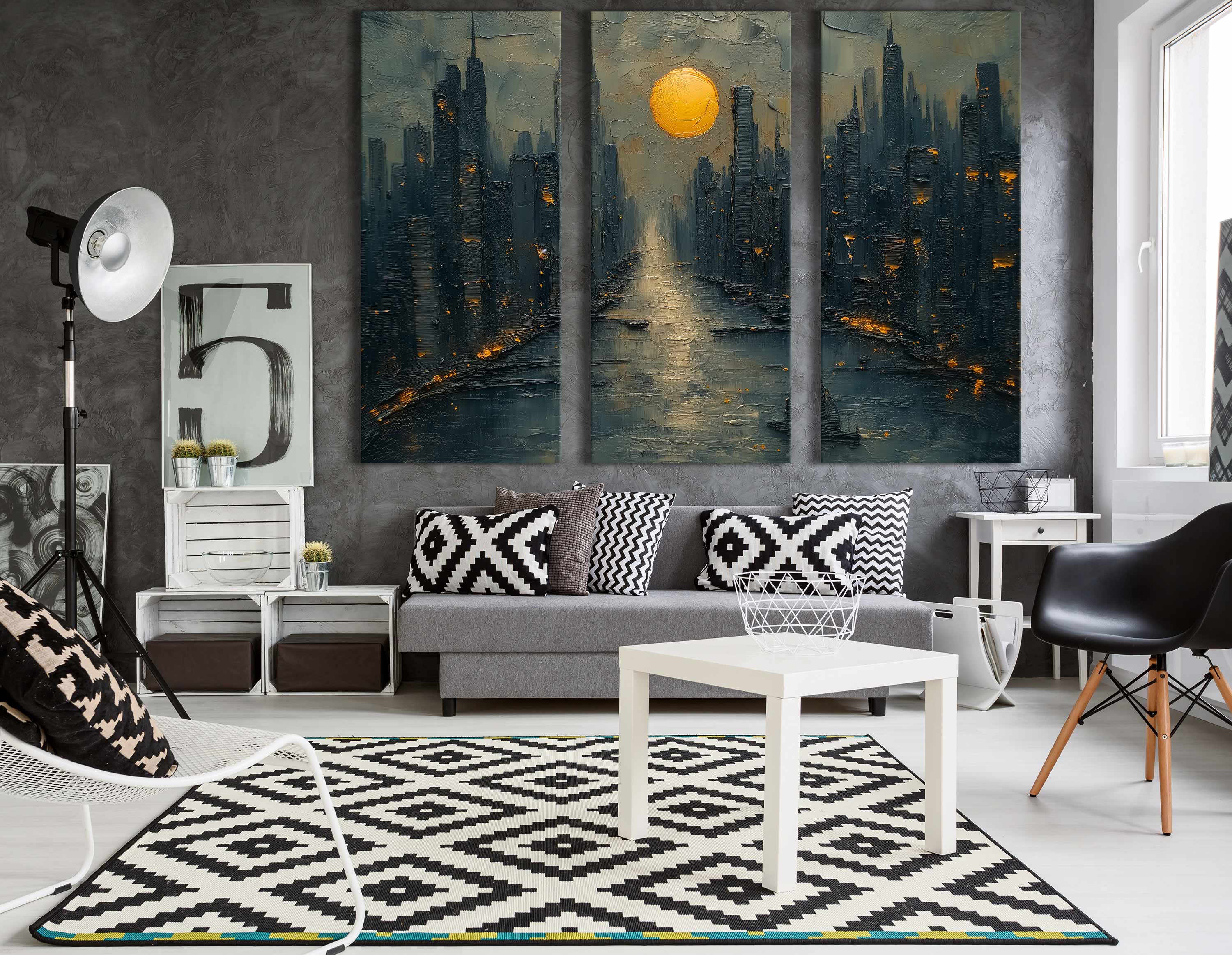 Impasto Style Moonlit City Canvas Print 