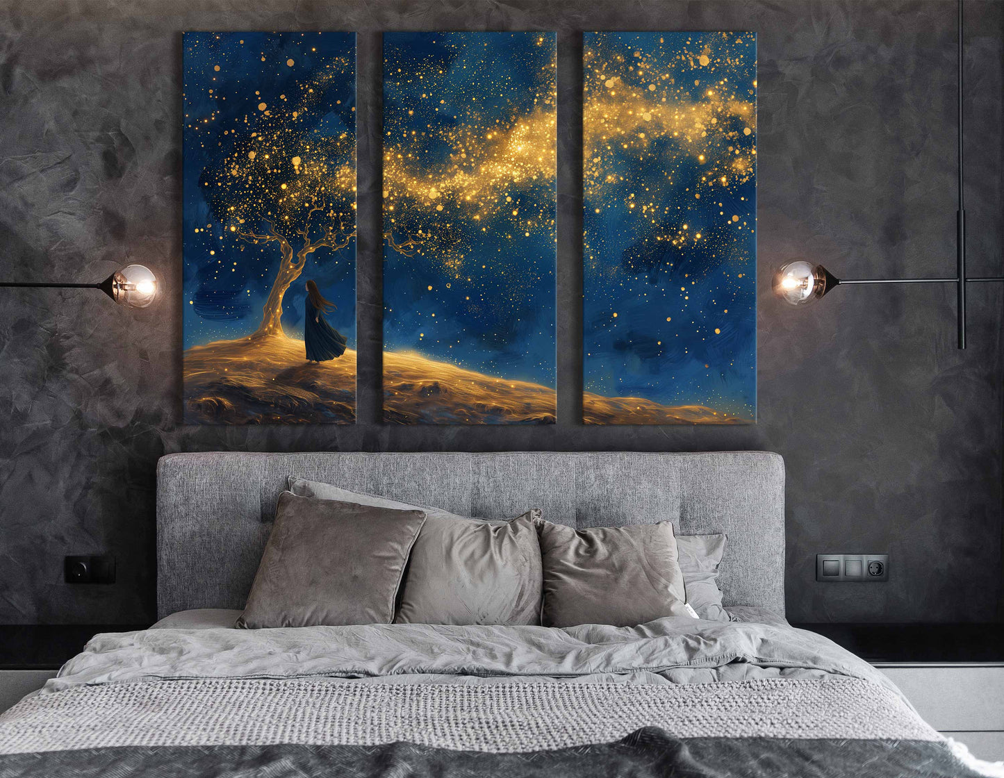 Mystical Figure under Starlit Tree Wall Print