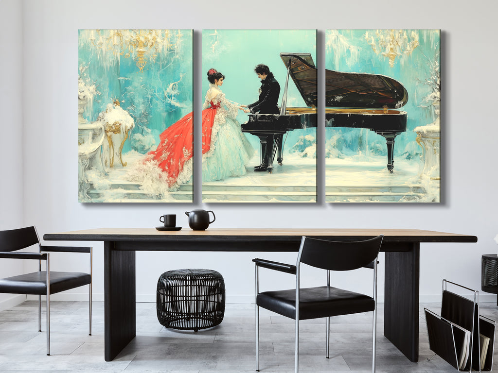 Three-Panel Canvas Print of Elegantly Dressed Couple in Snowy Palace with Grand Piano