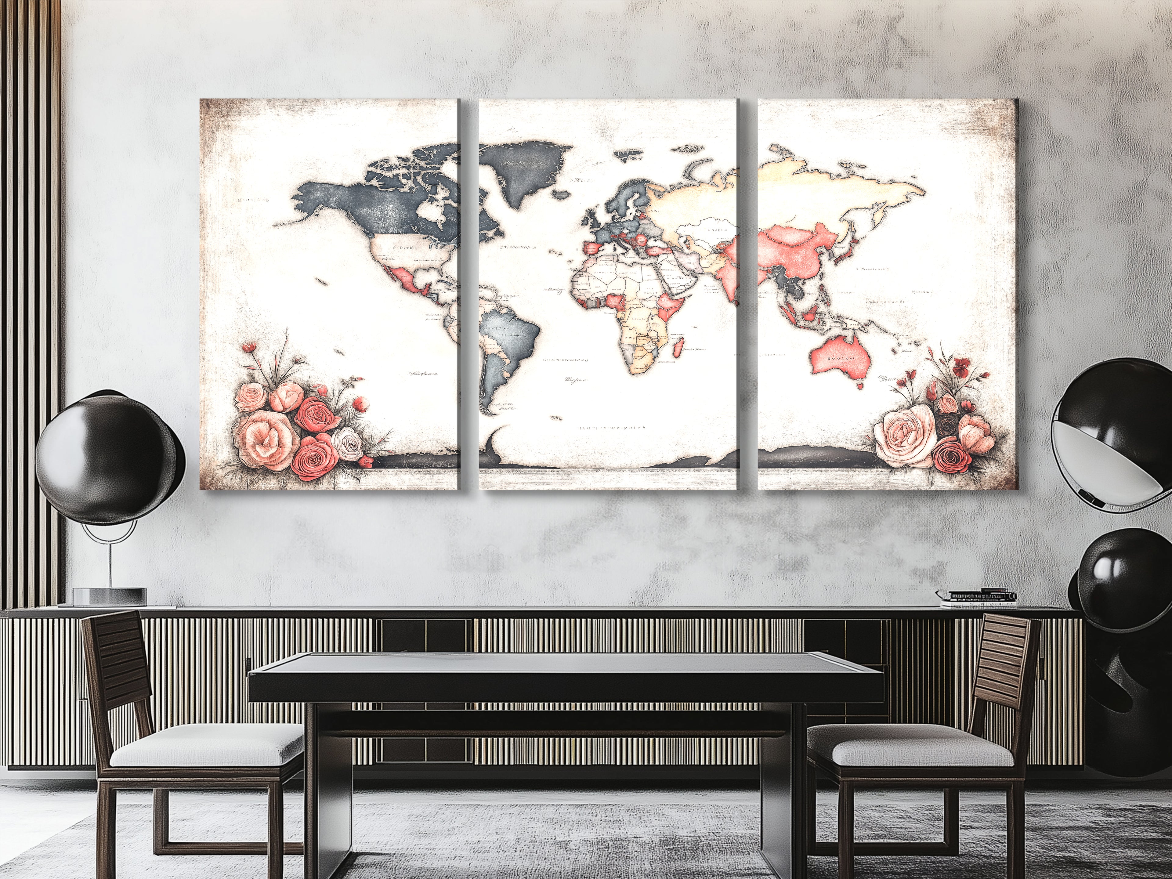 Timeless artwork showcasing a faded map motif layered with pastel roses.