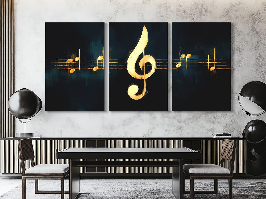 Timeless artwork spotlighting a sleek gold treble clef against a dramatic backdrop.