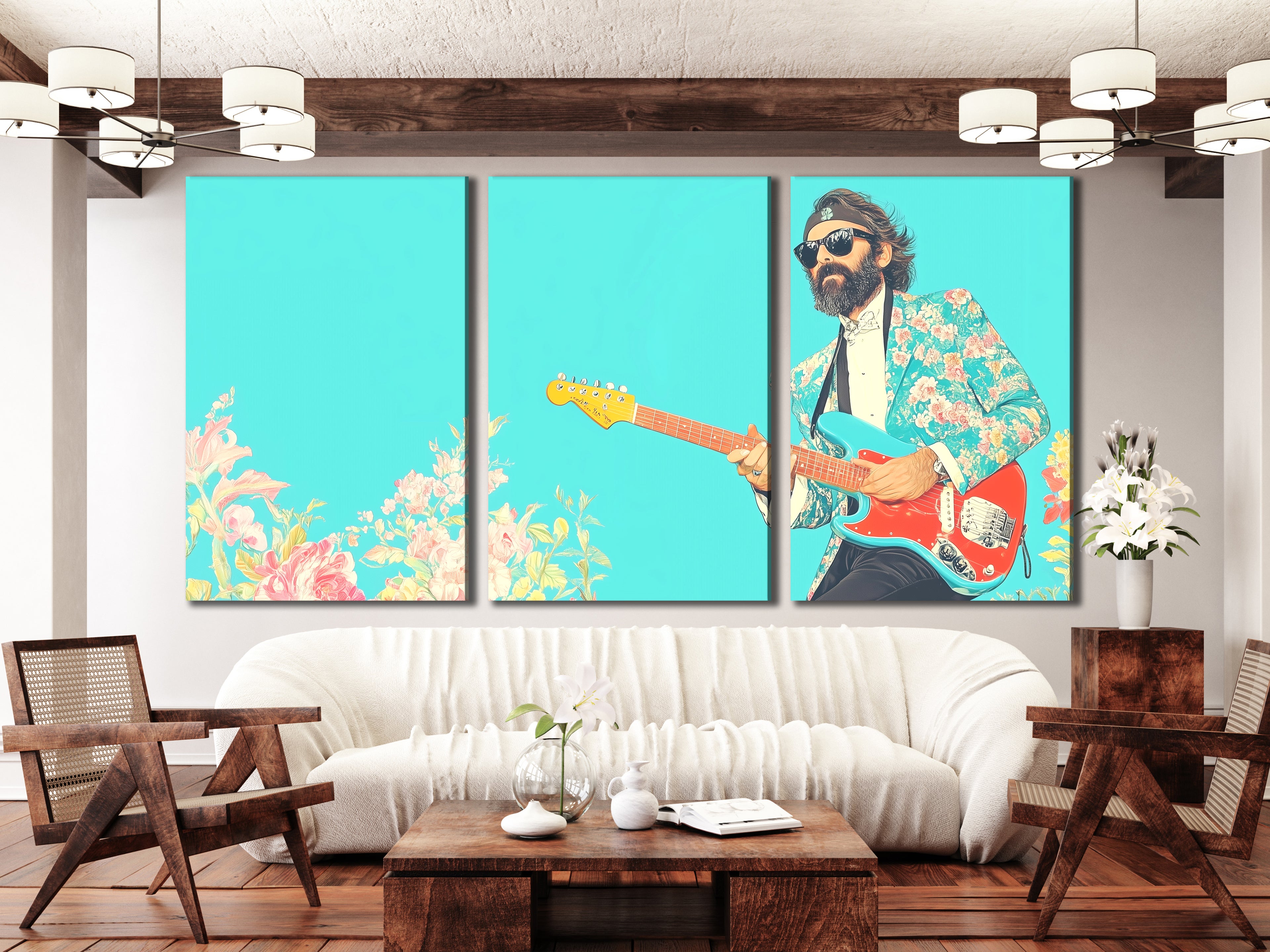 Triptych canvas art featuring a musician in a floral suit playing guitar, displayed in a contemporary living room.