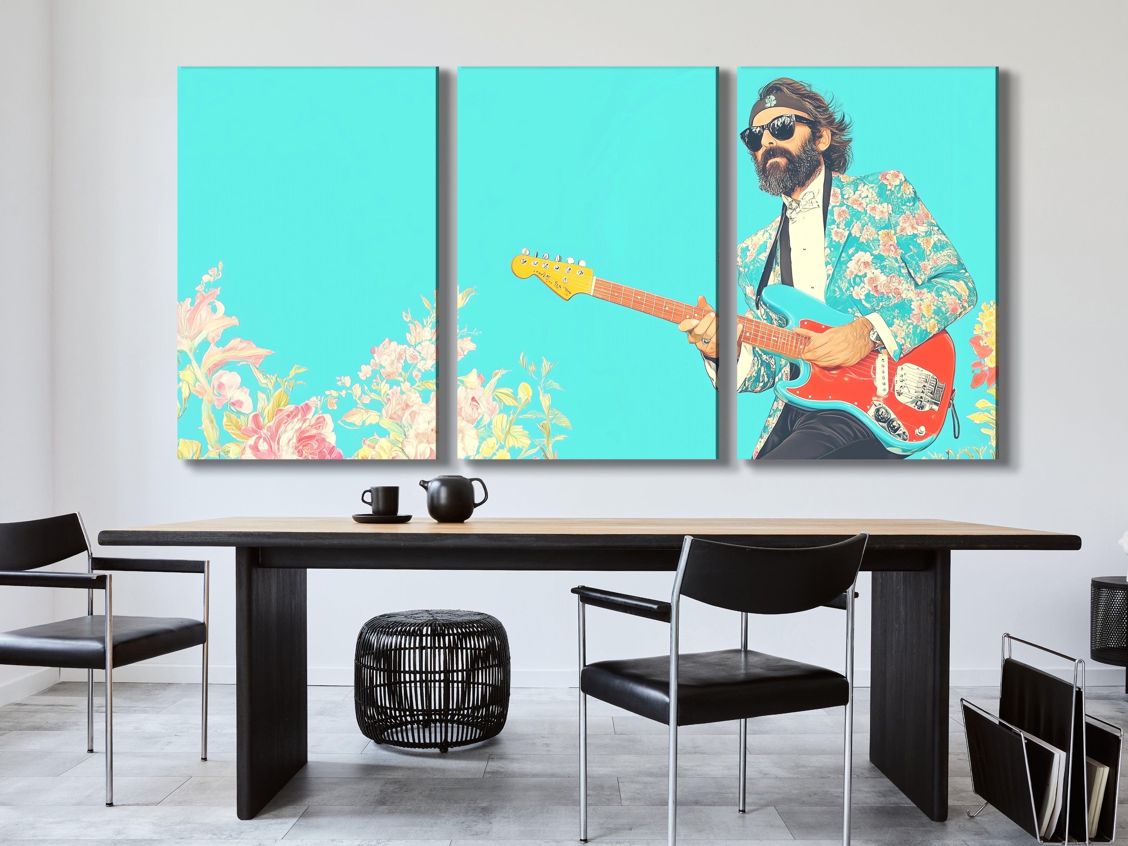 Triptych of a musician in a floral suit playing guitar, displayed in a modern dining room setting.