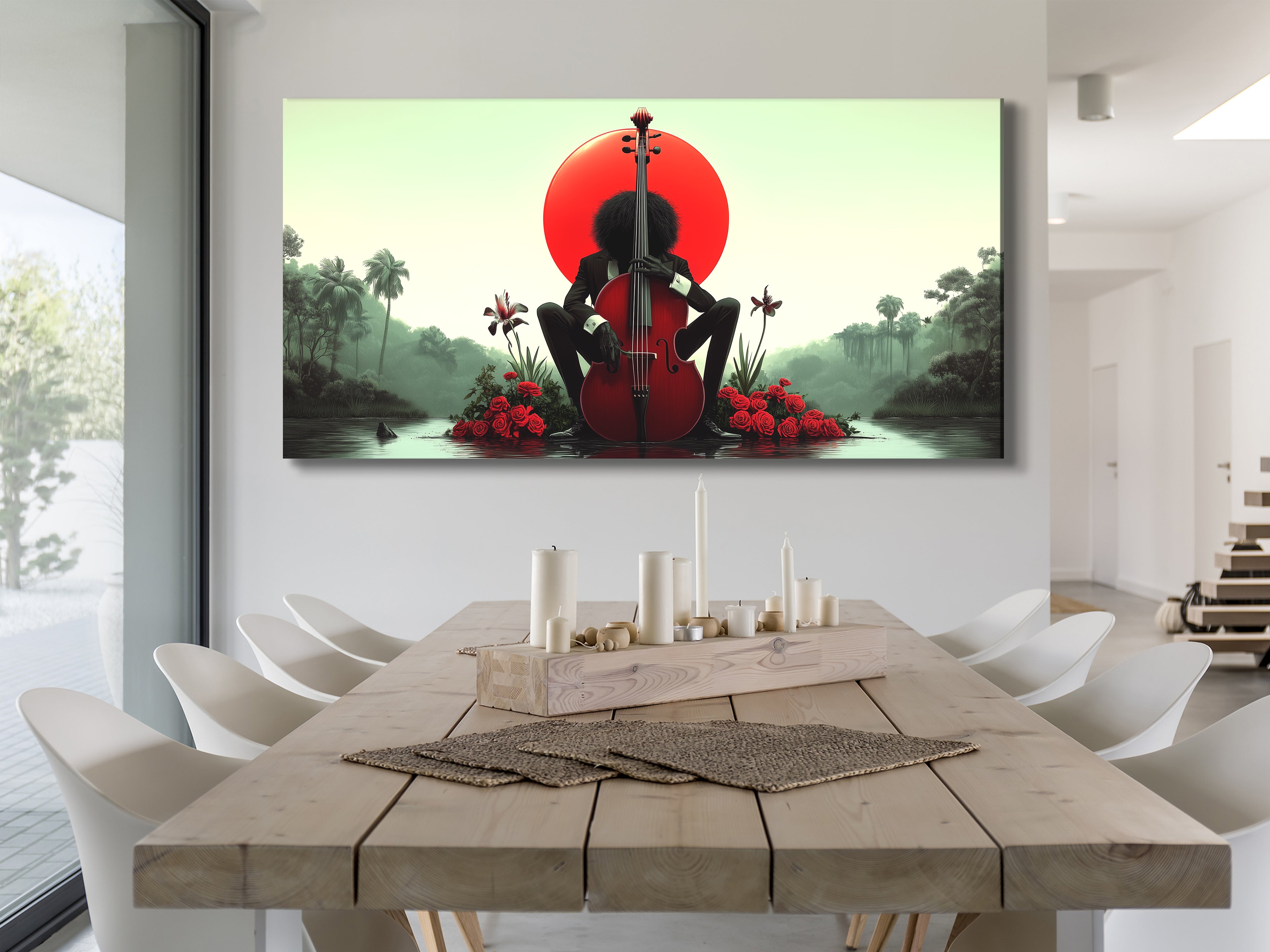 Tropical-themed canvas art showcasing a vibrant red sun, cello, and rose accents.