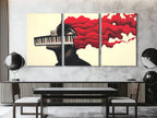 Unique artwork juxtaposing a grayscale face silhouette and red hair shaped like music notes.