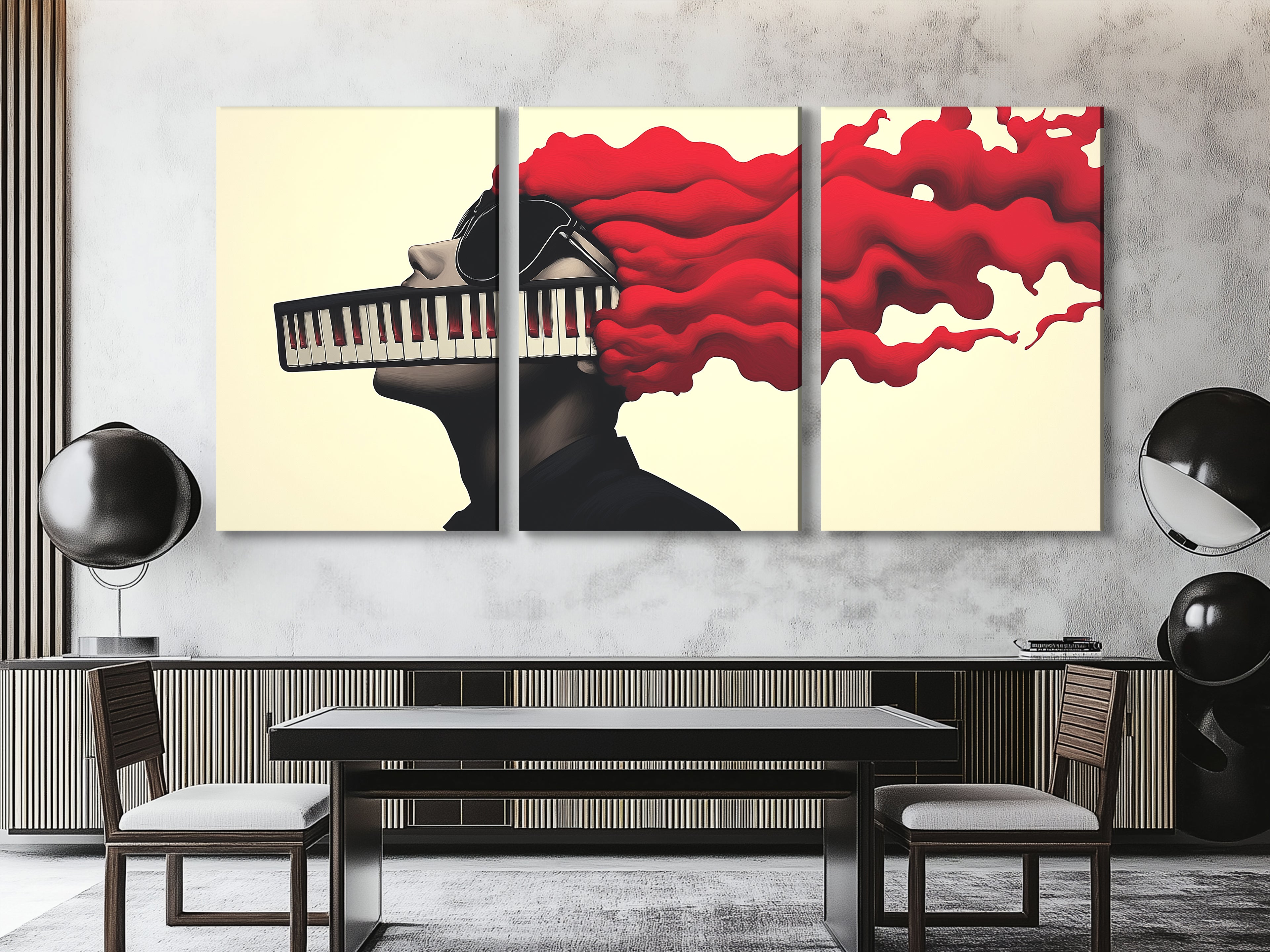 Unique artwork juxtaposing a grayscale face silhouette and red hair shaped like music notes.