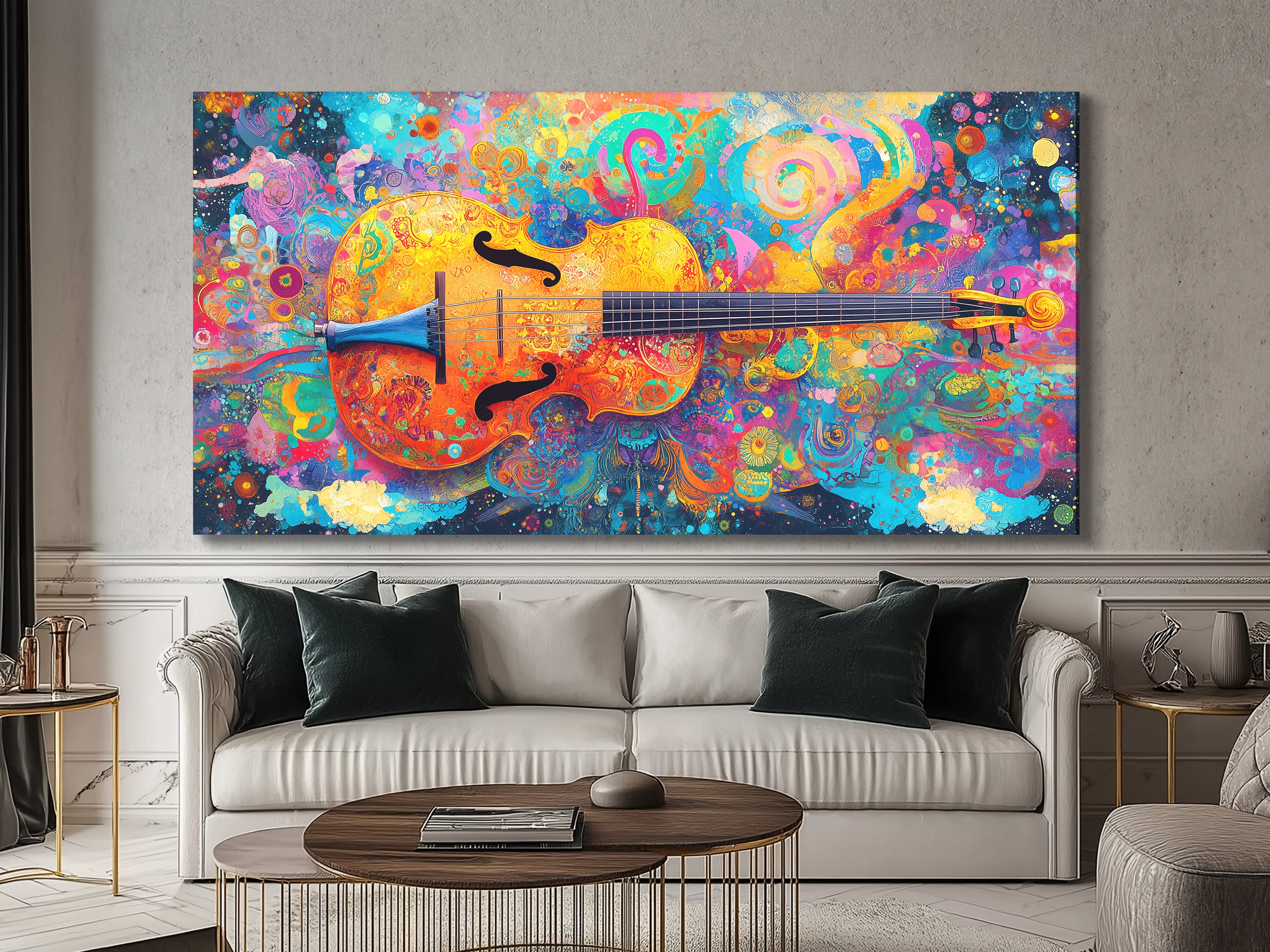 Vibrant abstract cello canvas print with swirling colors, hung above a sofa in a living room setting