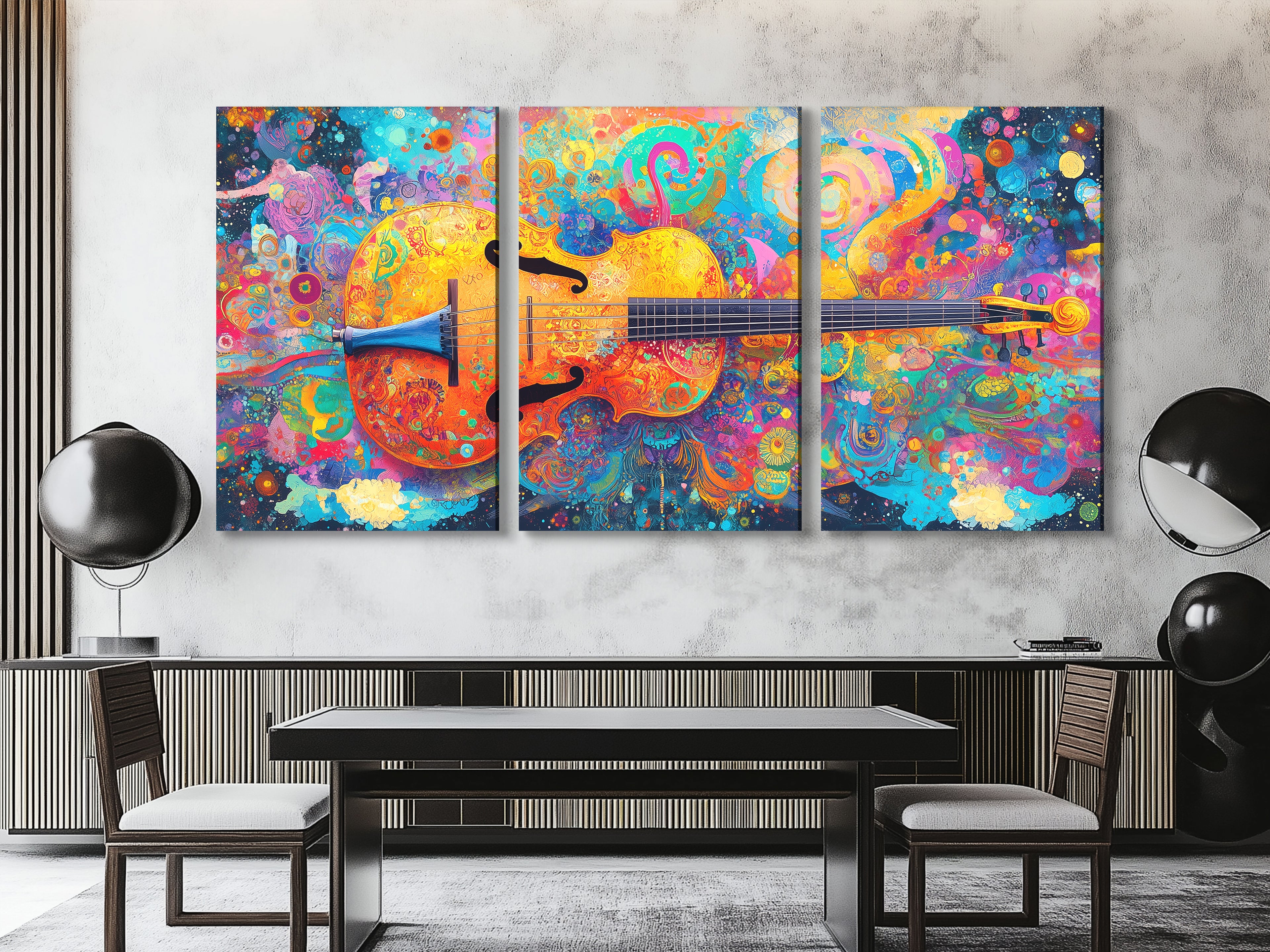 Vibrant psychedelic cello canvas print with swirling colors, arranged in a triptych above a dining table in a modern setting