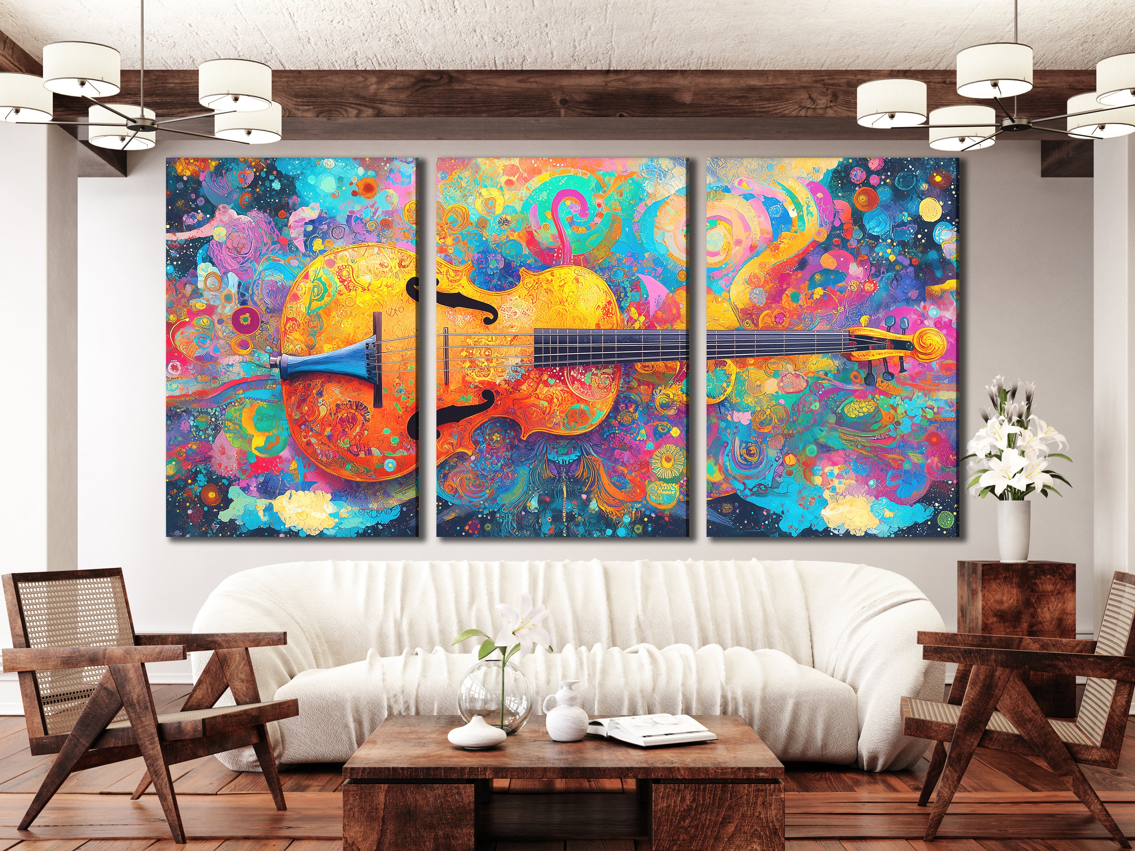 Vibrant psychedelic cello canvas print with swirling colors, arranged in a triptych above a sofa in a modern living room setting