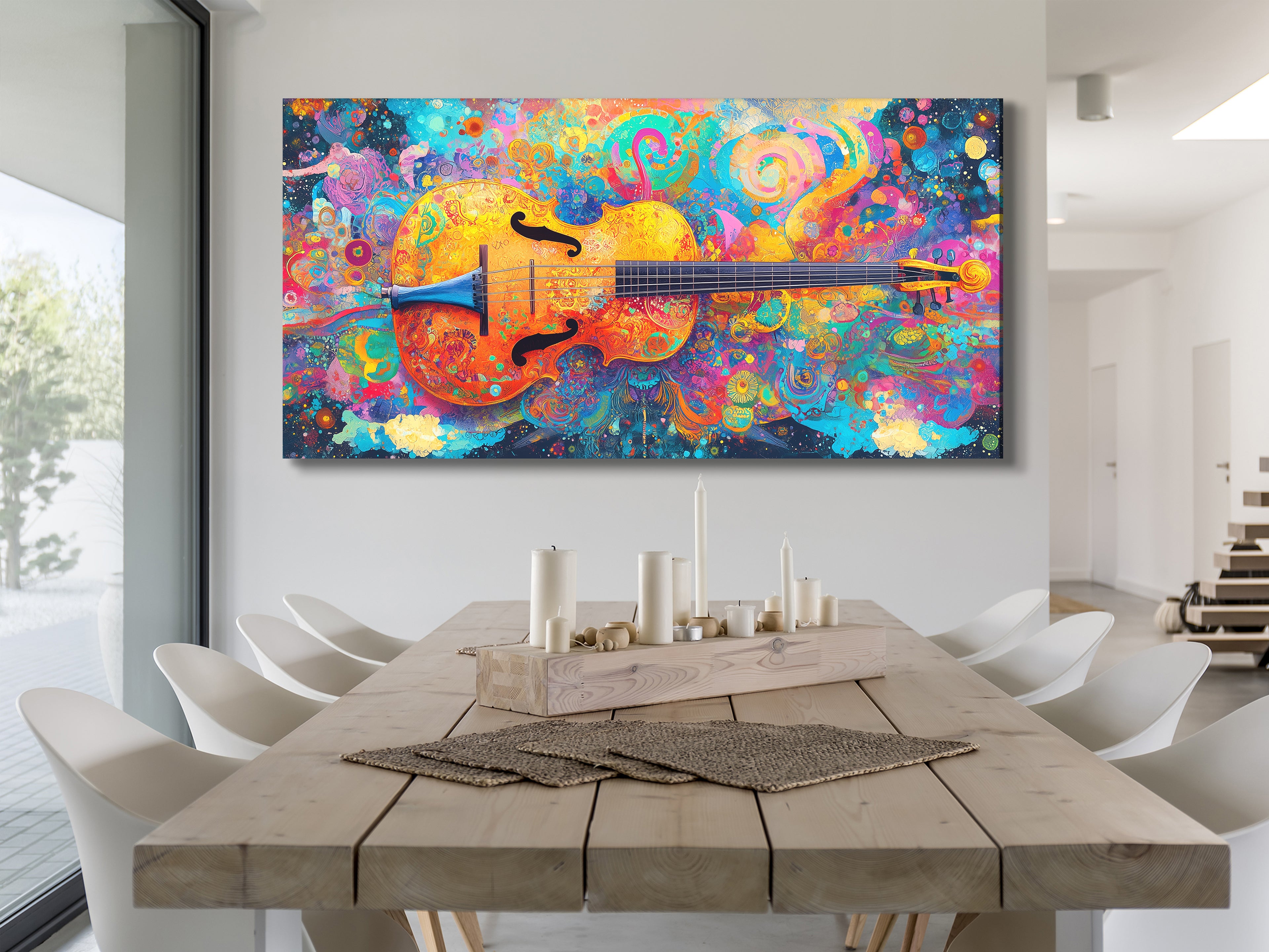 Vibrant psychedelic cello canvas print with swirling colors, hung above a dining table in a modern setting