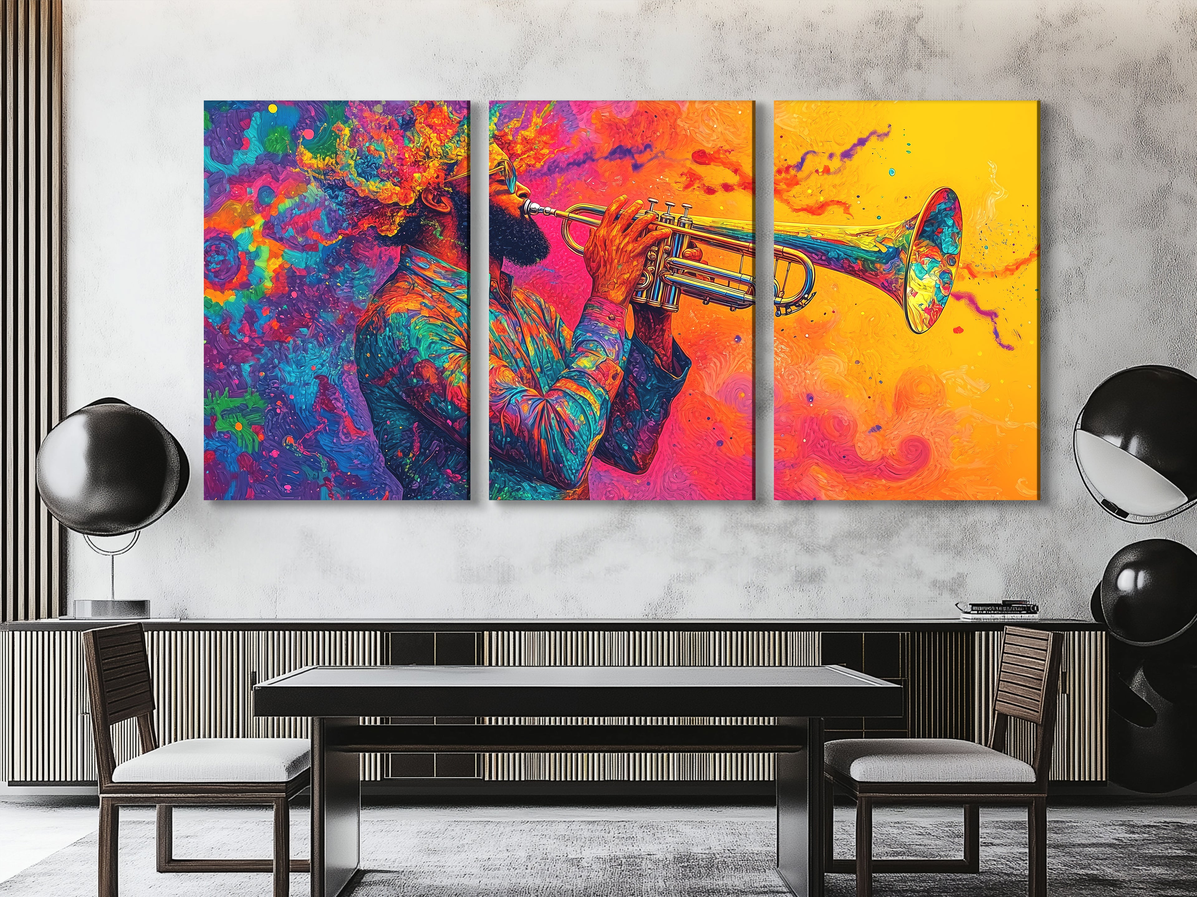 Vibrant trumpet player art print in psychedelic jazz fusion style, colorful triptych above a dining table in a modern setting