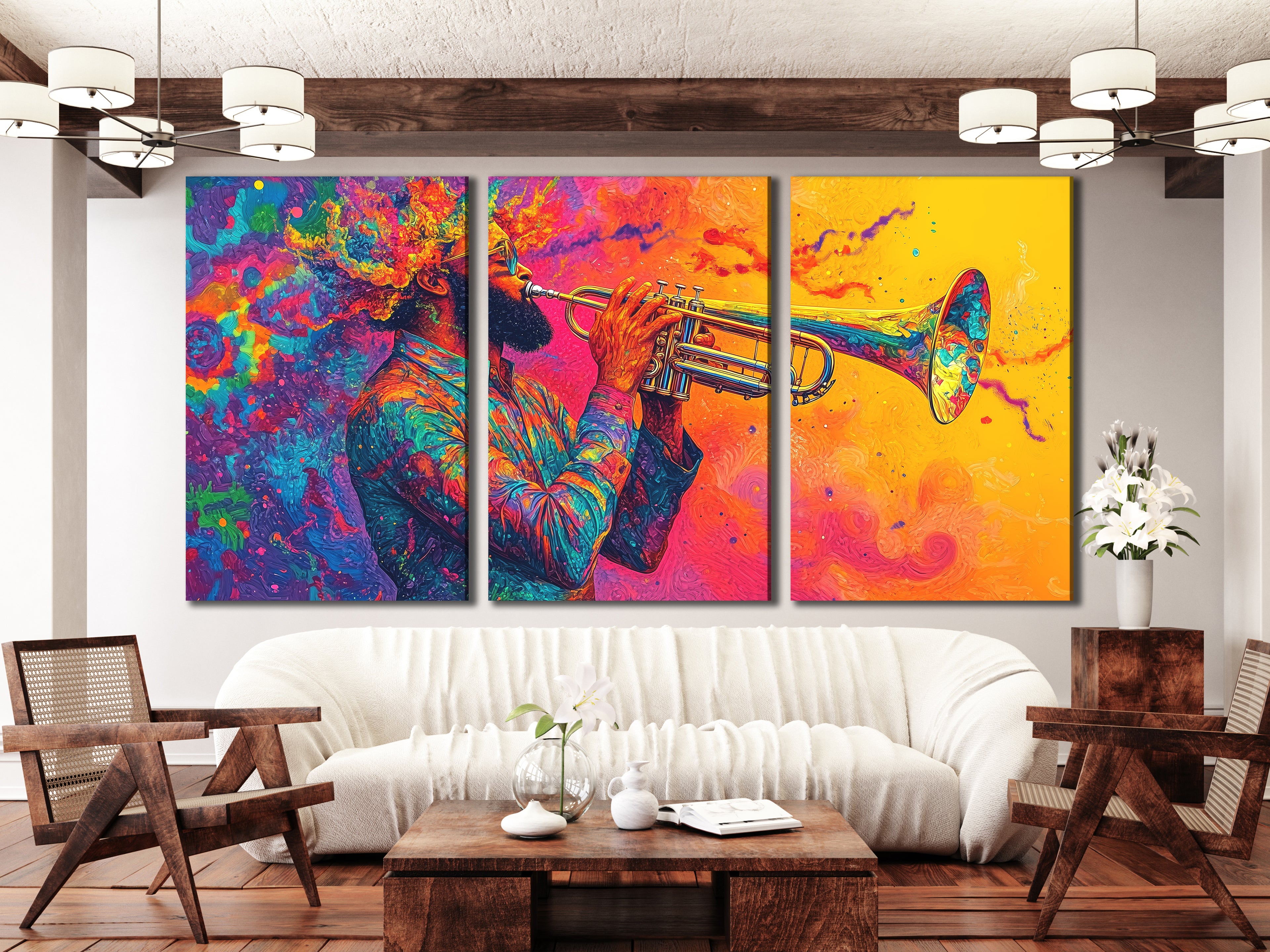 Vibrant trumpet player art print in psychedelic jazz fusion style, colorful triptych above a sofa in a modern living room