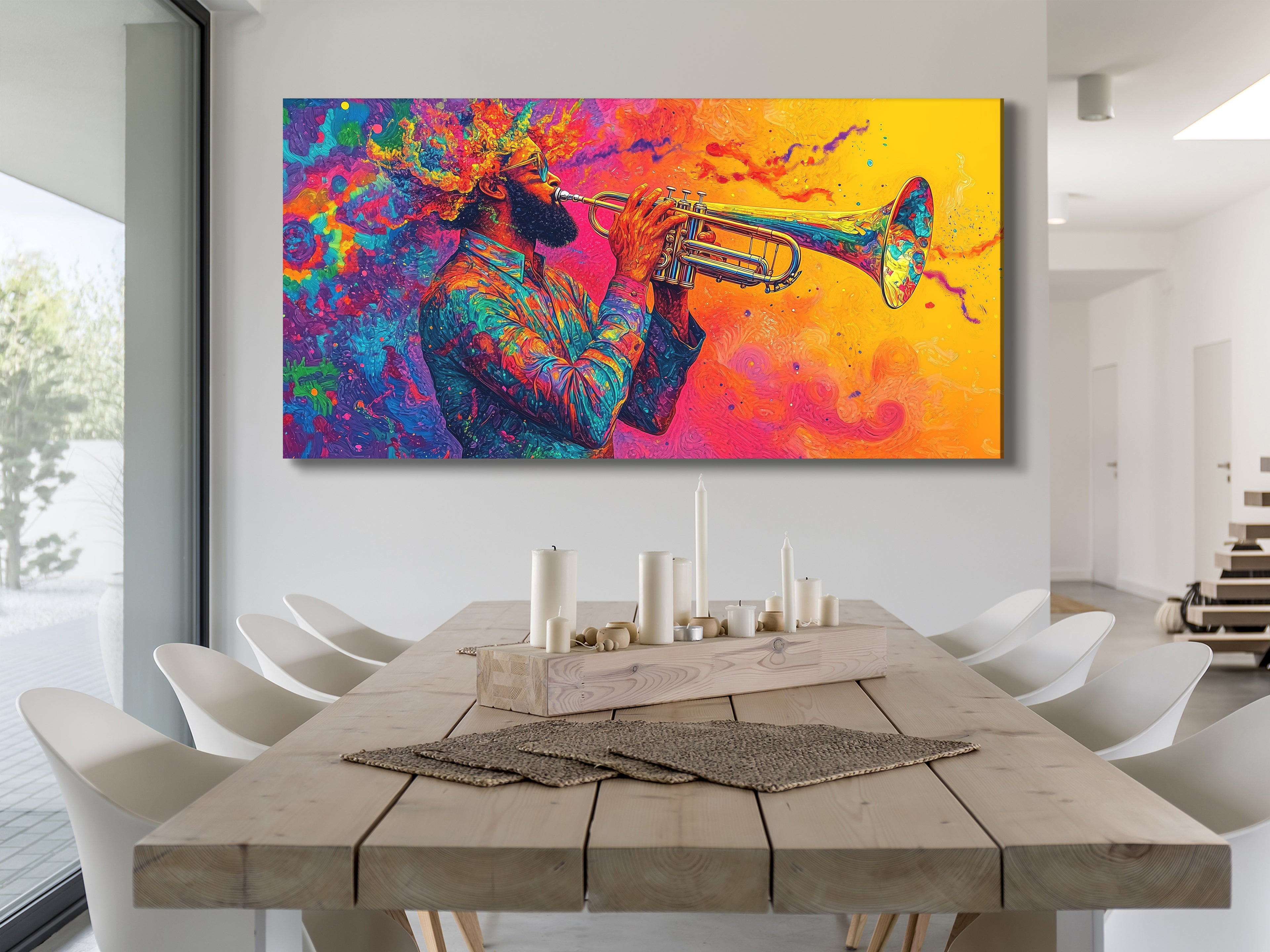 Vibrant trumpet player artwork in psychedelic jazz fusion style, colorful single-panel above a dining table in a modern setting