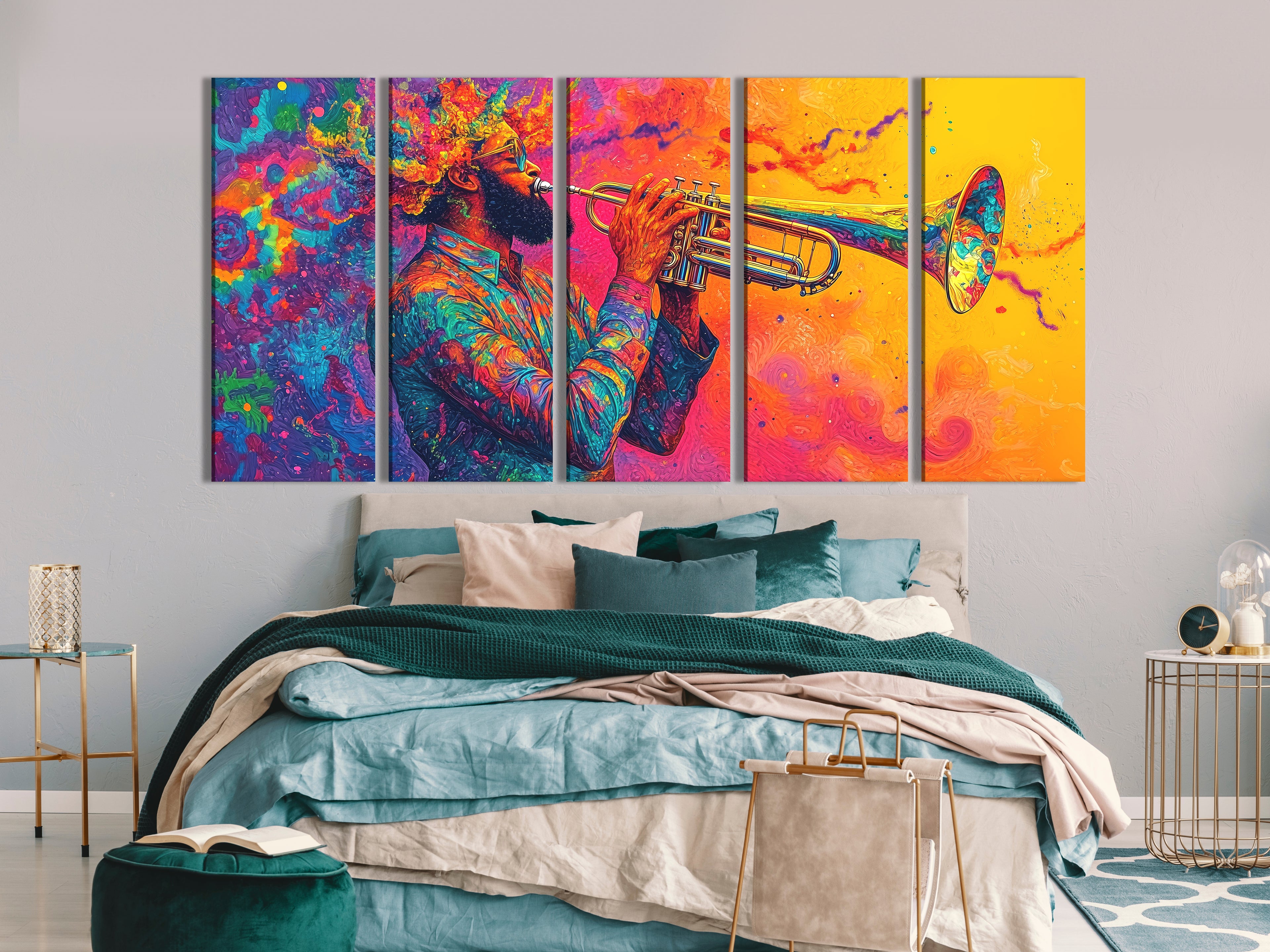 Vibrant trumpet player canvas print in psychedelic jazz fusion style, colorful multi-panel artwork above a bed in a bedroom