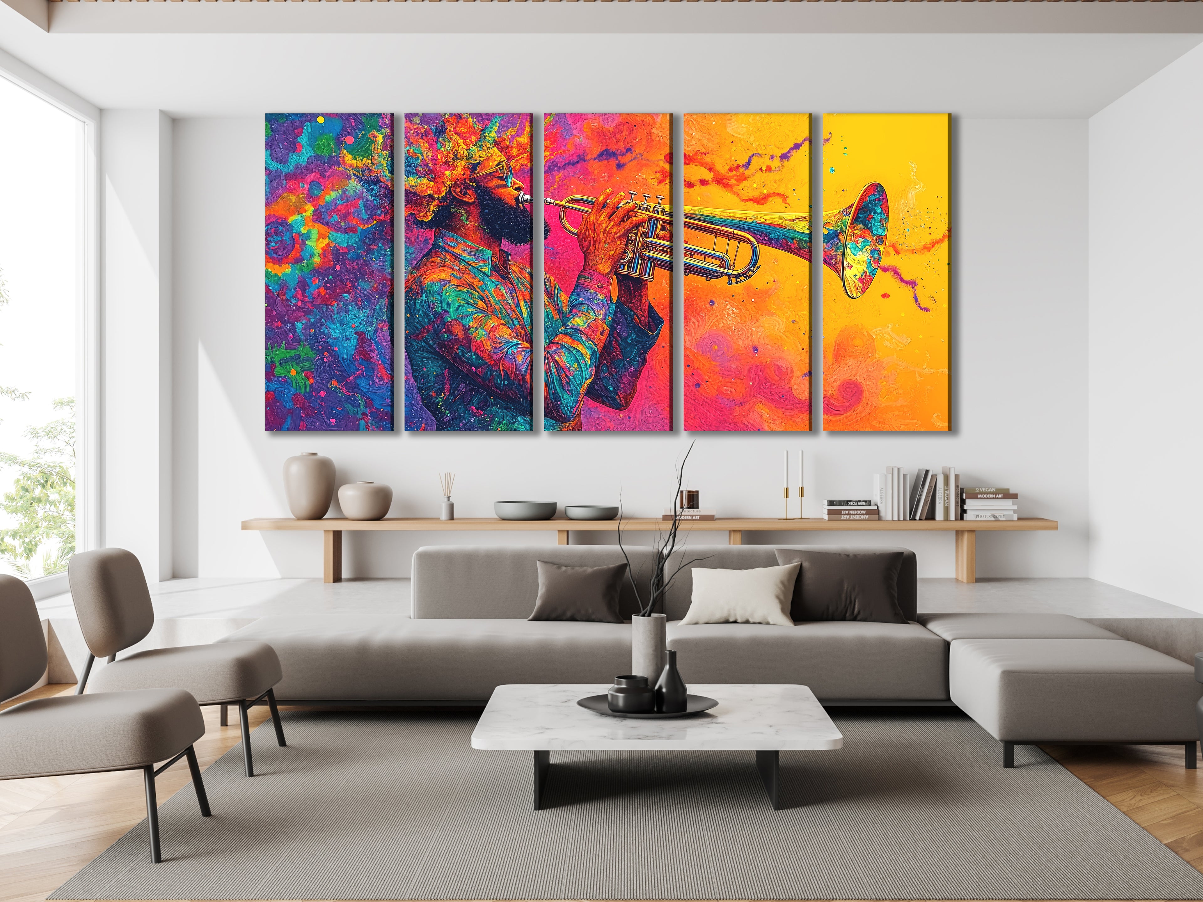 Vibrant trumpet player canvas print in psychedelic jazz fusion style, colorful multi-panel artwork above a sofa in a modern living room
