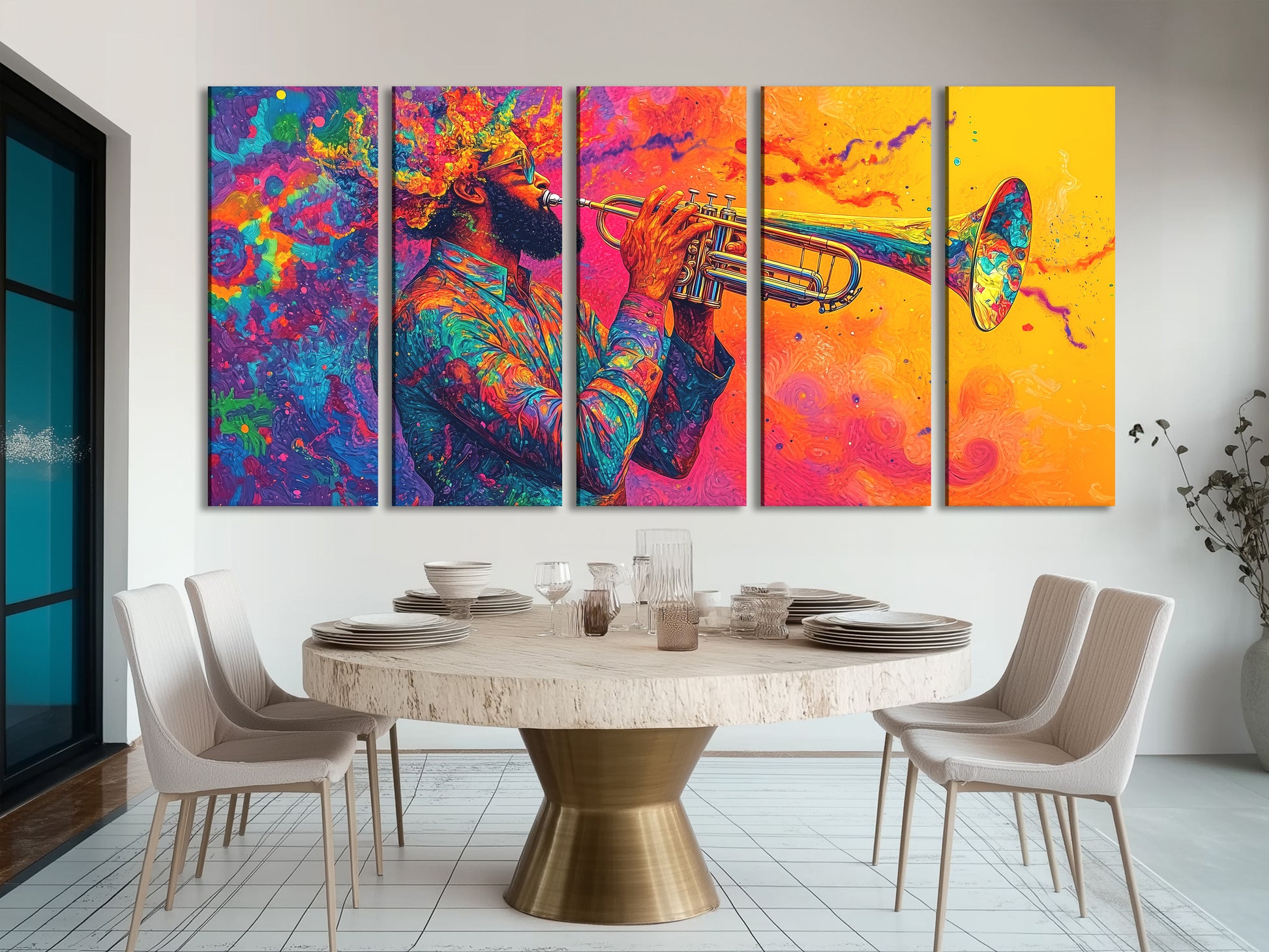 Vibrant trumpet player print in psychedelic jazz fusion style, colorful multi-panel above a dining table in a modern setting