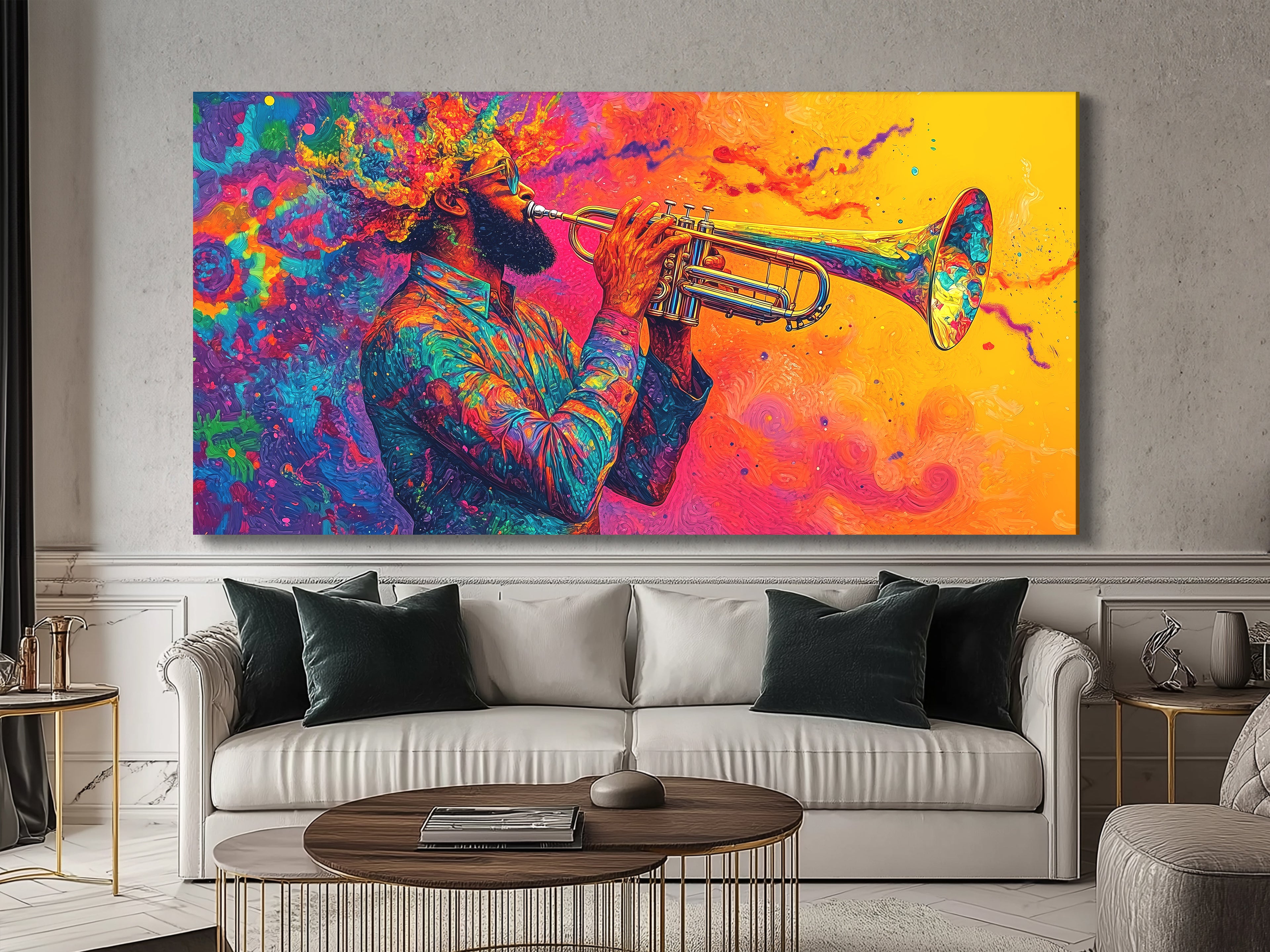 Vibrant trumpet player wall art in psychedelic jazz fusion style, colorful single-panel artwork above a sofa in a modern living room