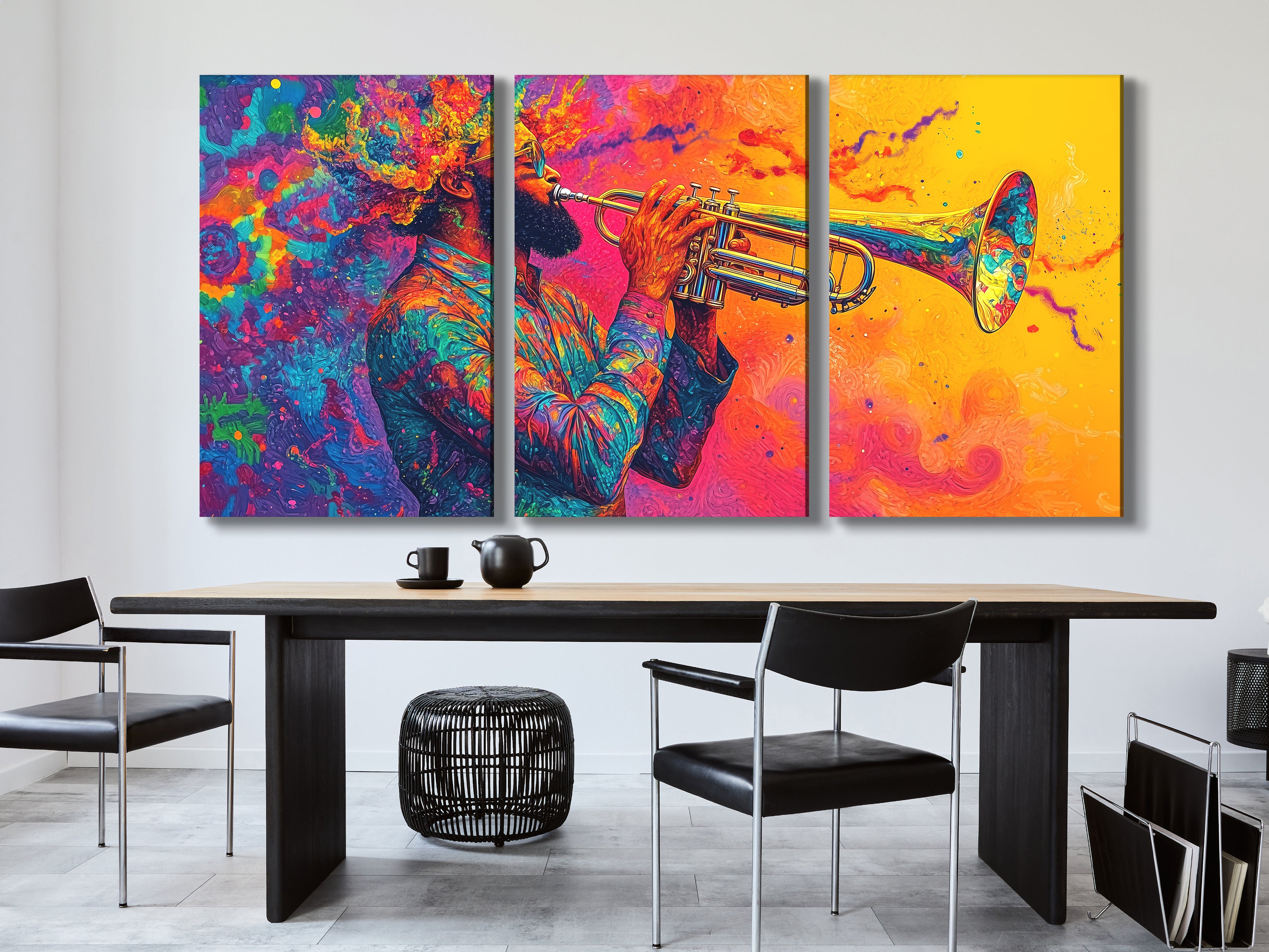Vibrant trumpet player wall decor in psychedelic jazz fusion style, colorful triptych above a dining table in a modern setting