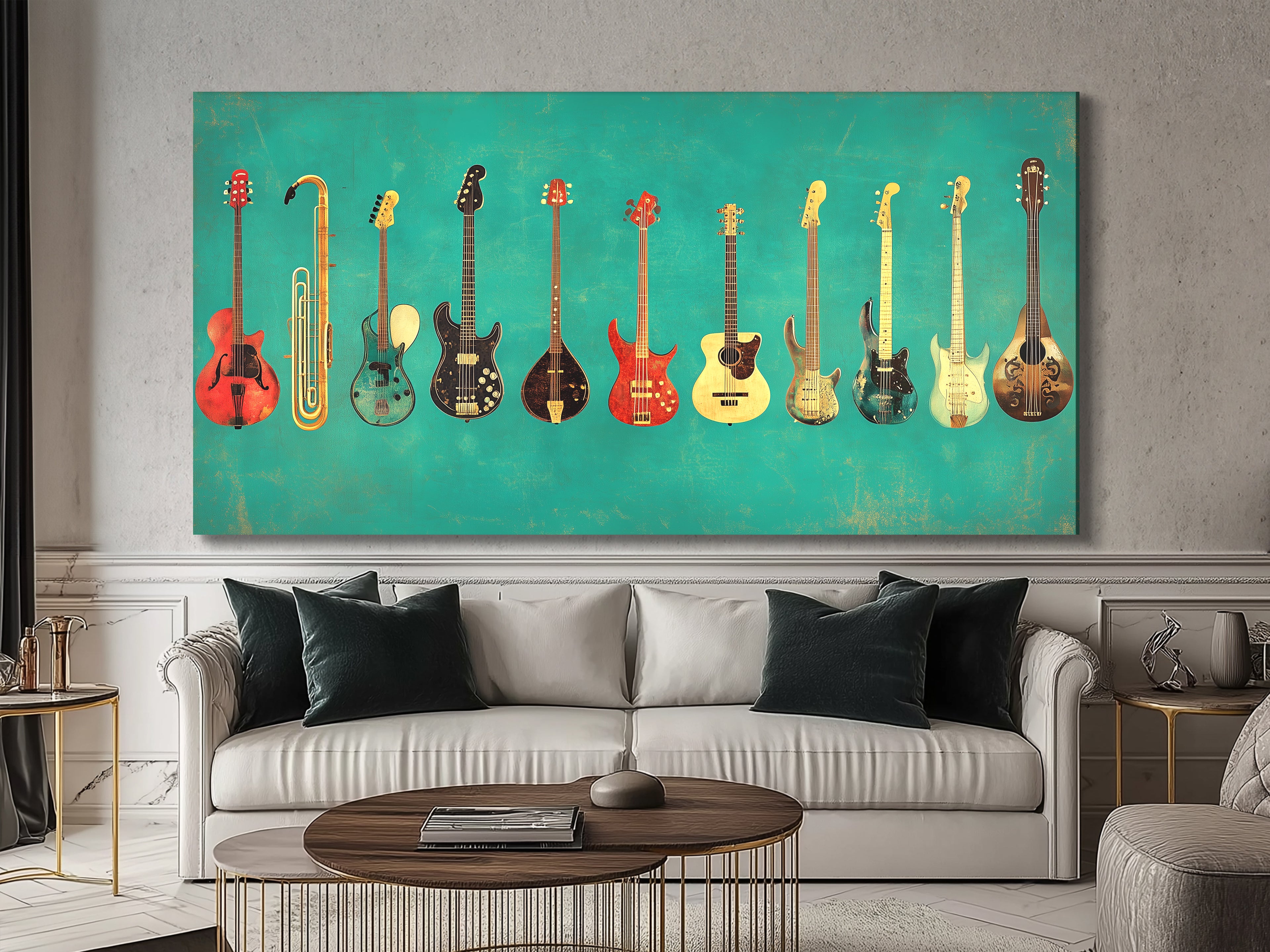 Vibrant wall art of various guitars set against a teal, distressed background.