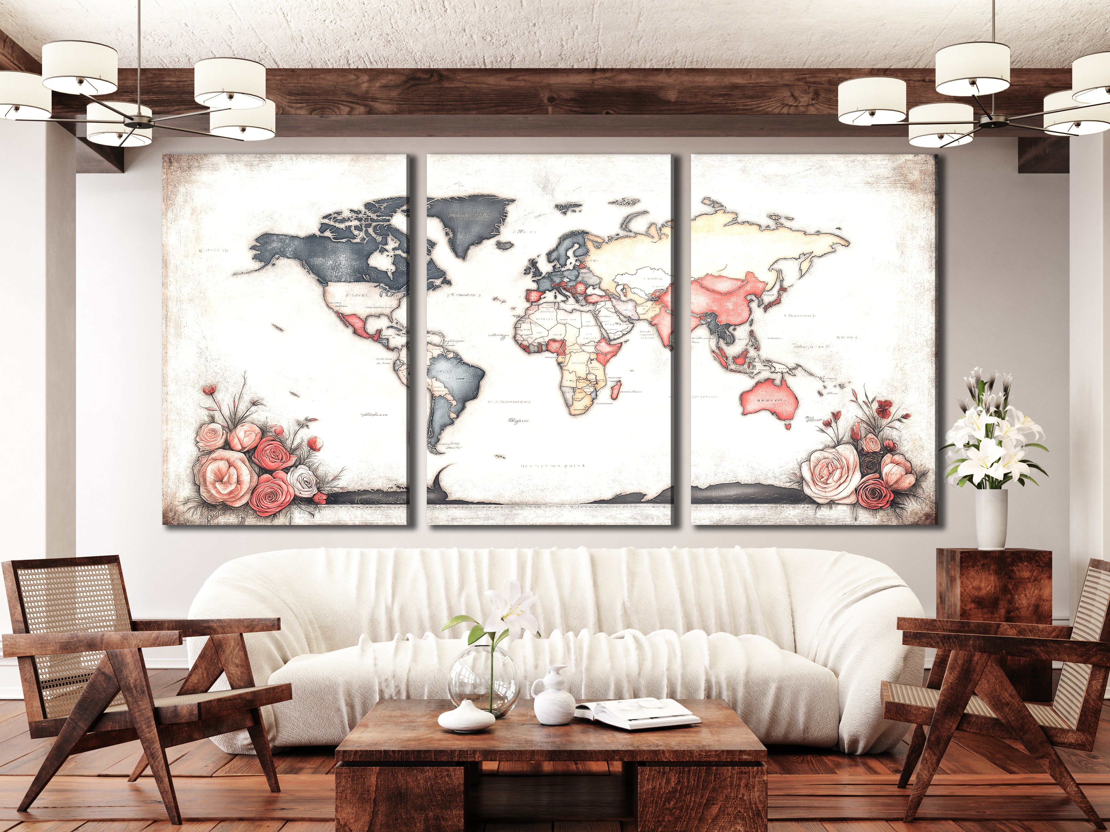 Vintage-inspired wall decor blending old-world map charm with feminine floral touches.
