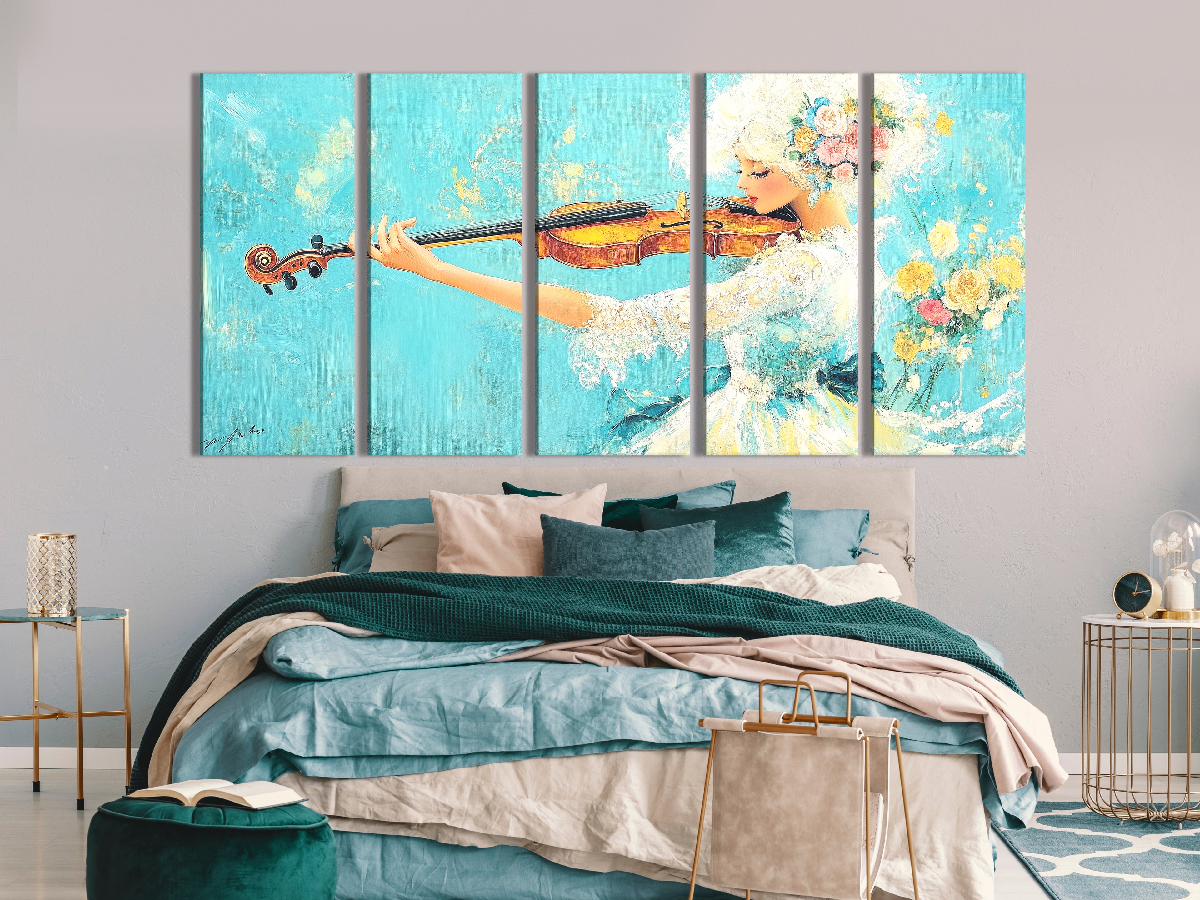 Multi-panel canvas print of a violin with pastel floral design, displayed above a bed in a modern bedroom.