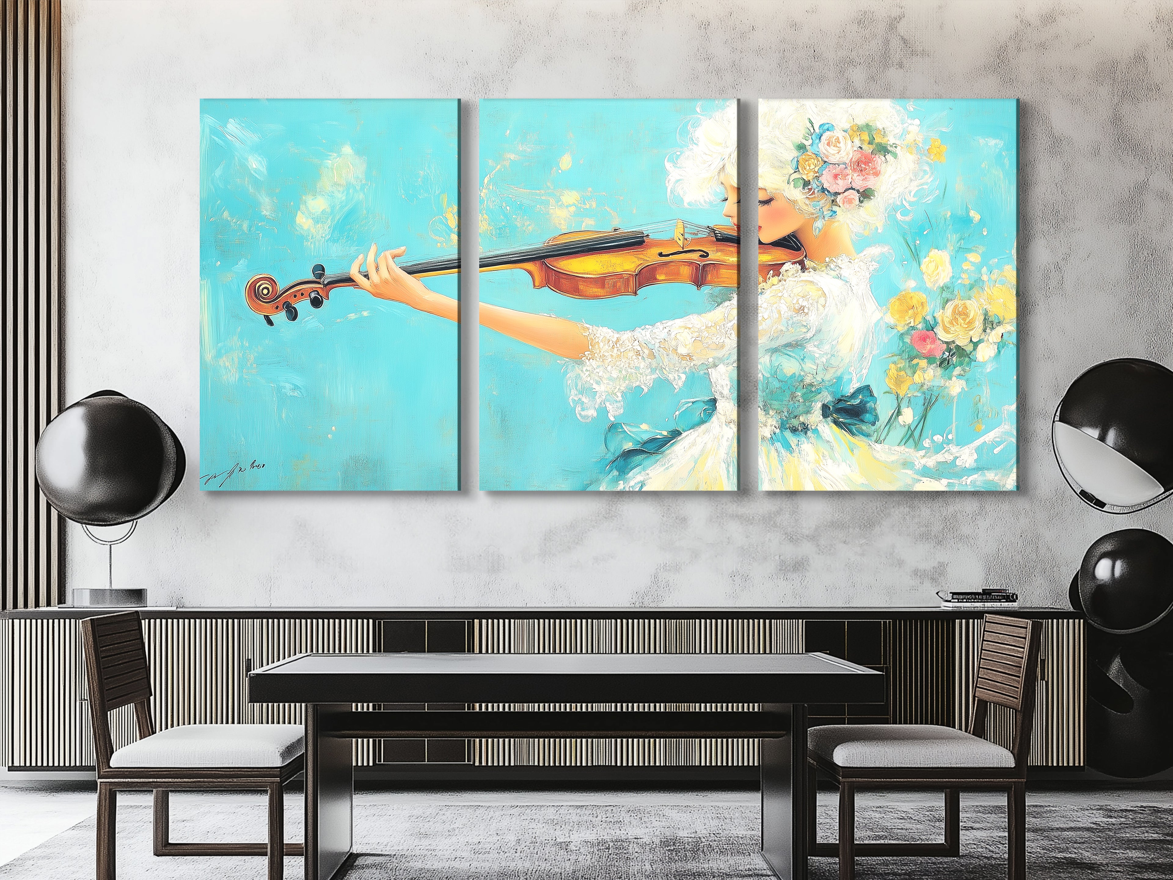Multi-panel artwork of a violinist in a floral dress playing violin, displayed above a dining table in a modern dining room.
