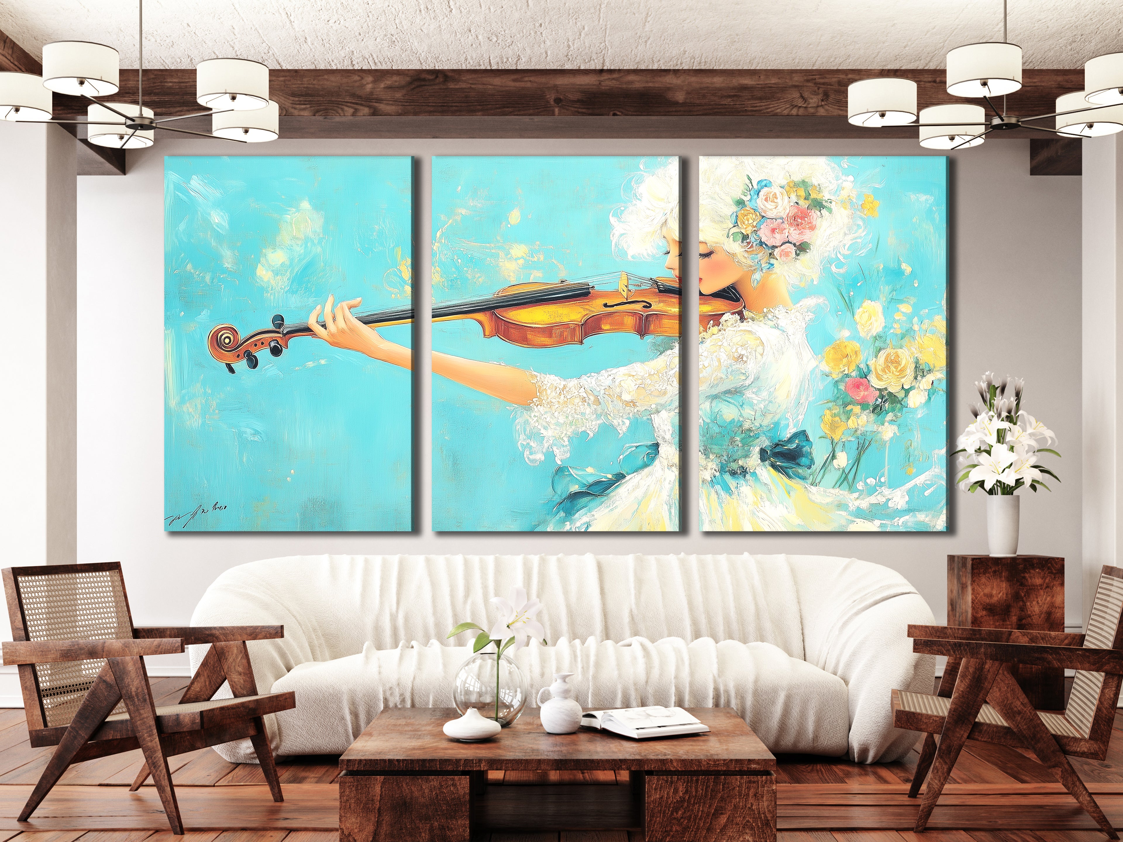Multi-panel artwork of a violinist in a floral dress playing violin, displayed above a sofa in a modern living room.