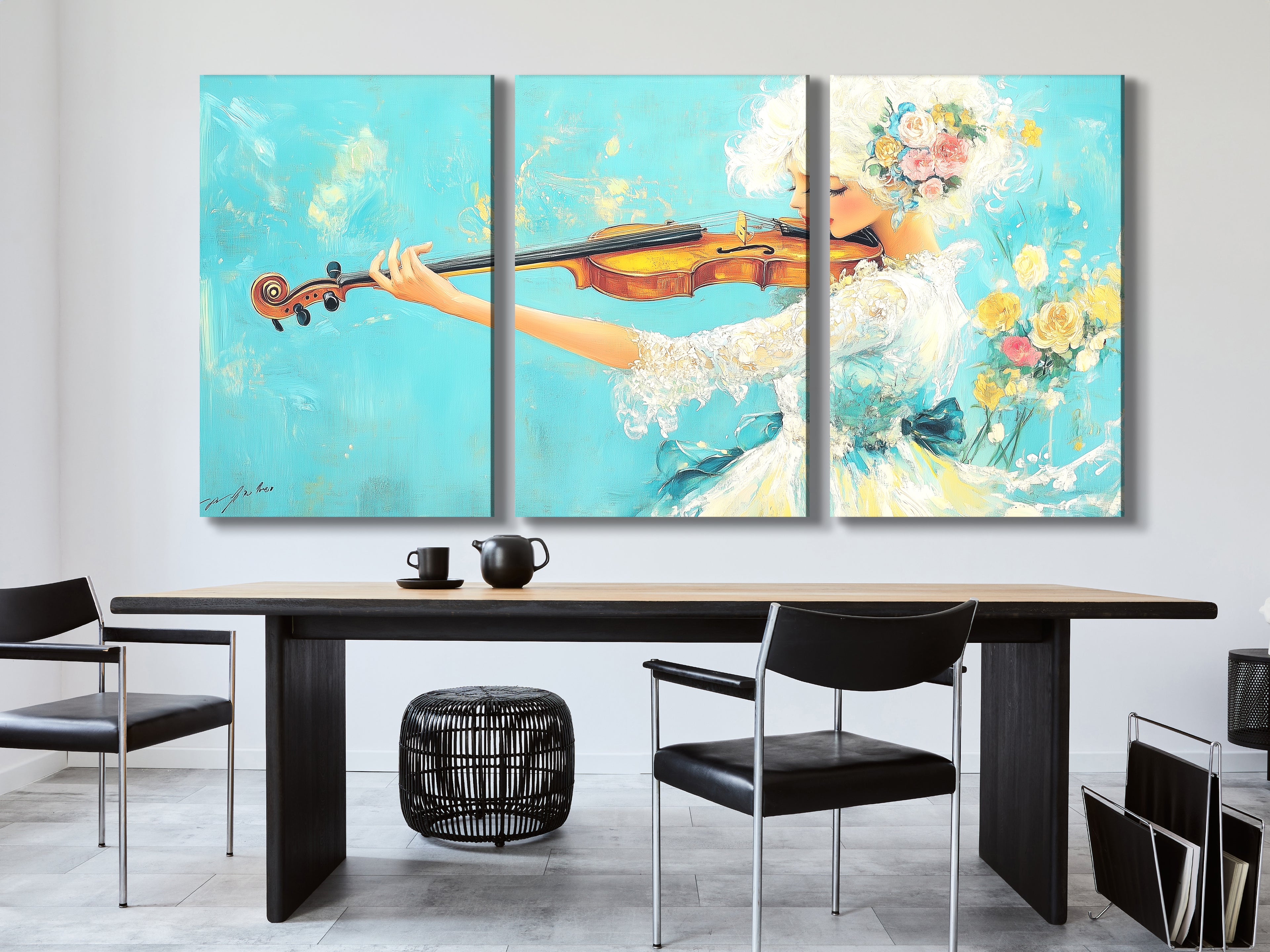 Multi-panel artwork of a violinist in a floral dress playing violin, displayed above a dining table in a modern dining room.