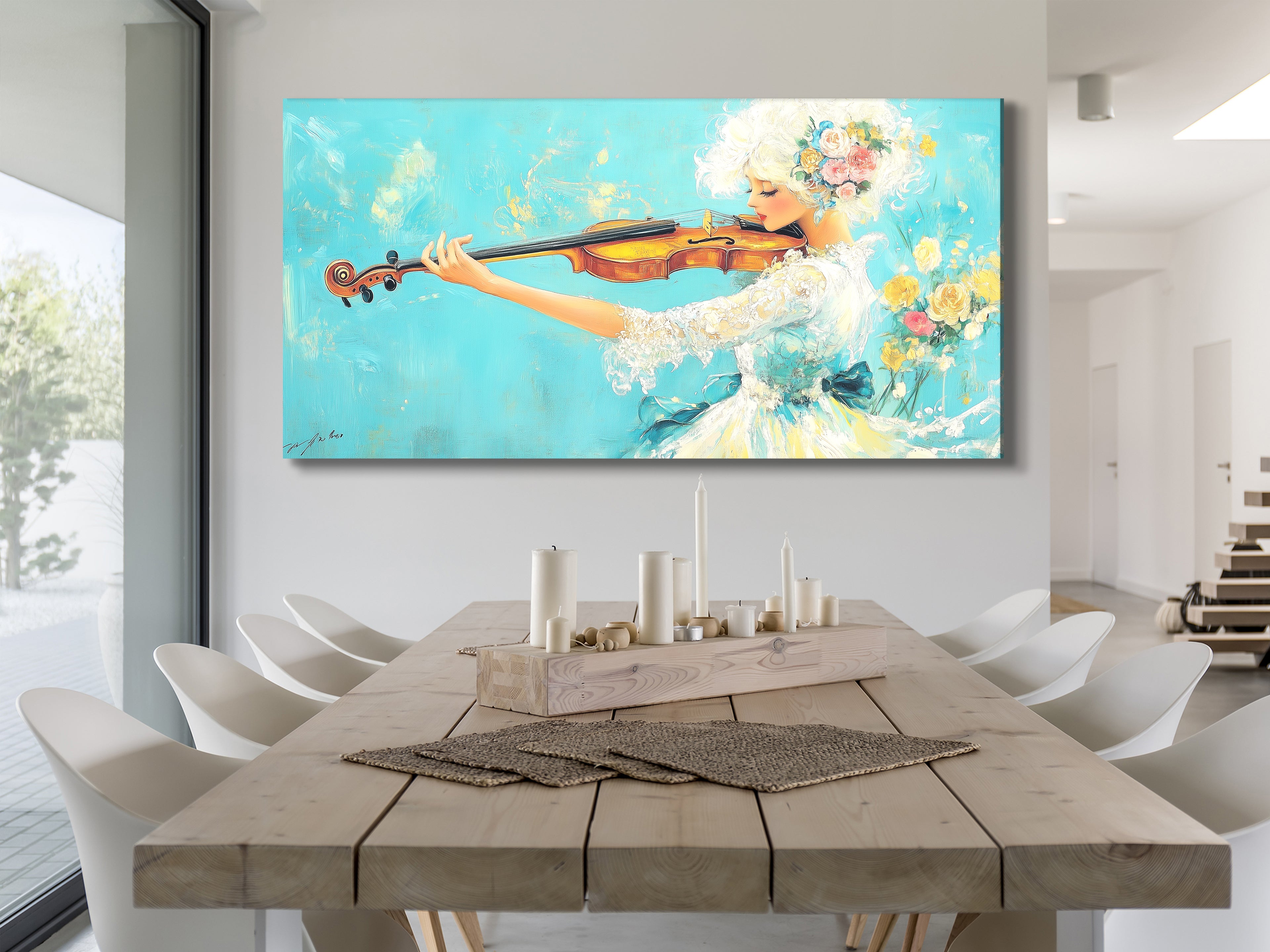 Painting of a violinist in a floral dress playing violin, displayed above a dining table in a modern dining room.