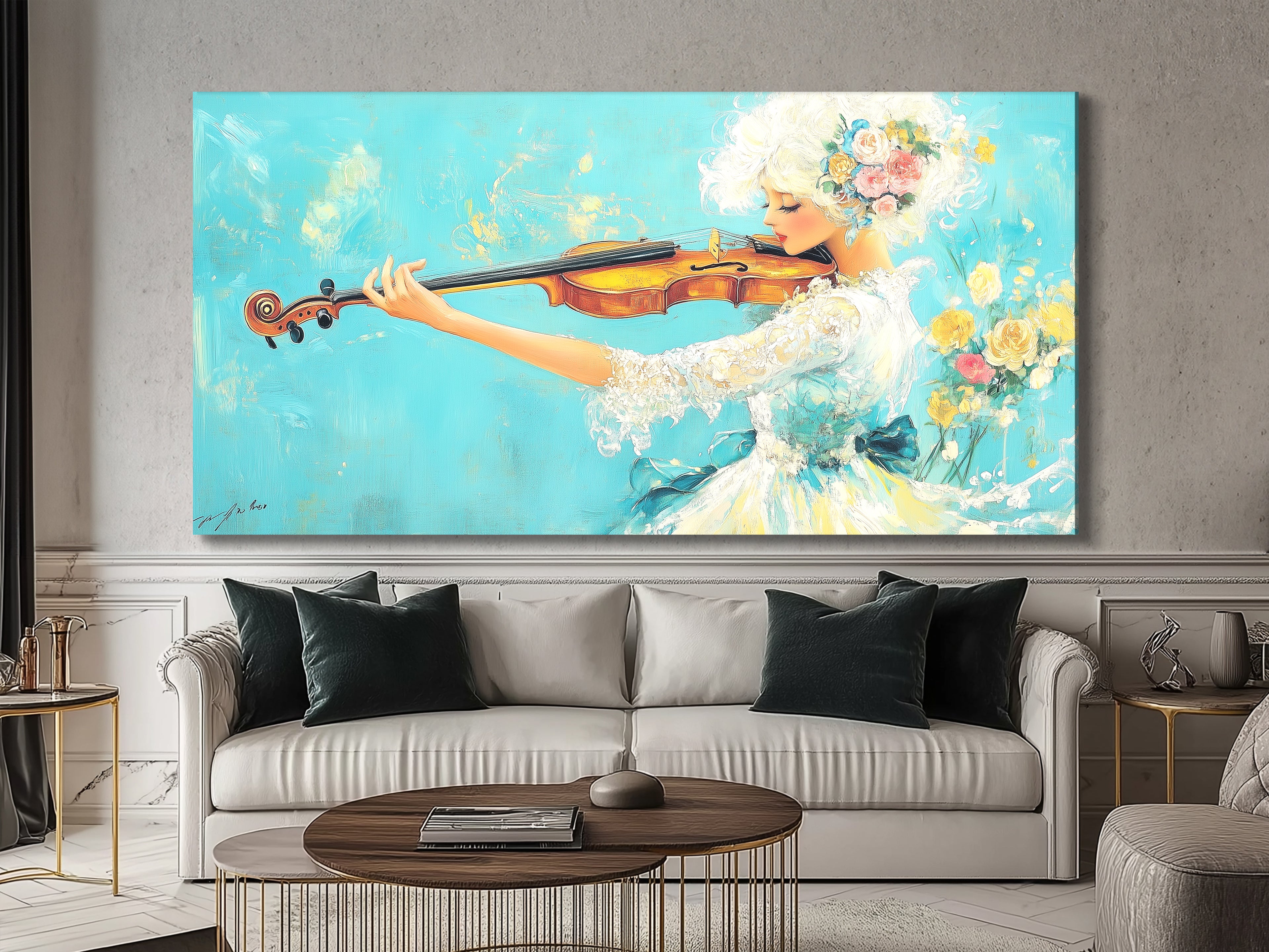 Wall art of a violinist in a floral dress playing violin, displayed above a sofa in a living room.