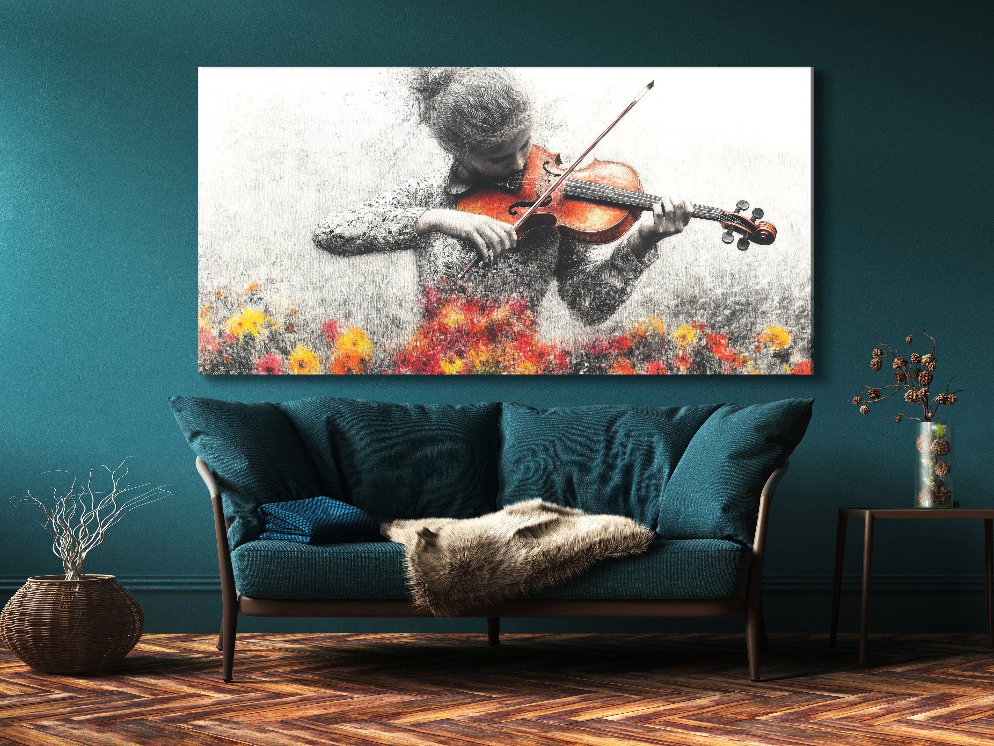 Wall Art of a grayscale violinist with vibrant floral accents, displayed above a blue sofa in a modern living room.