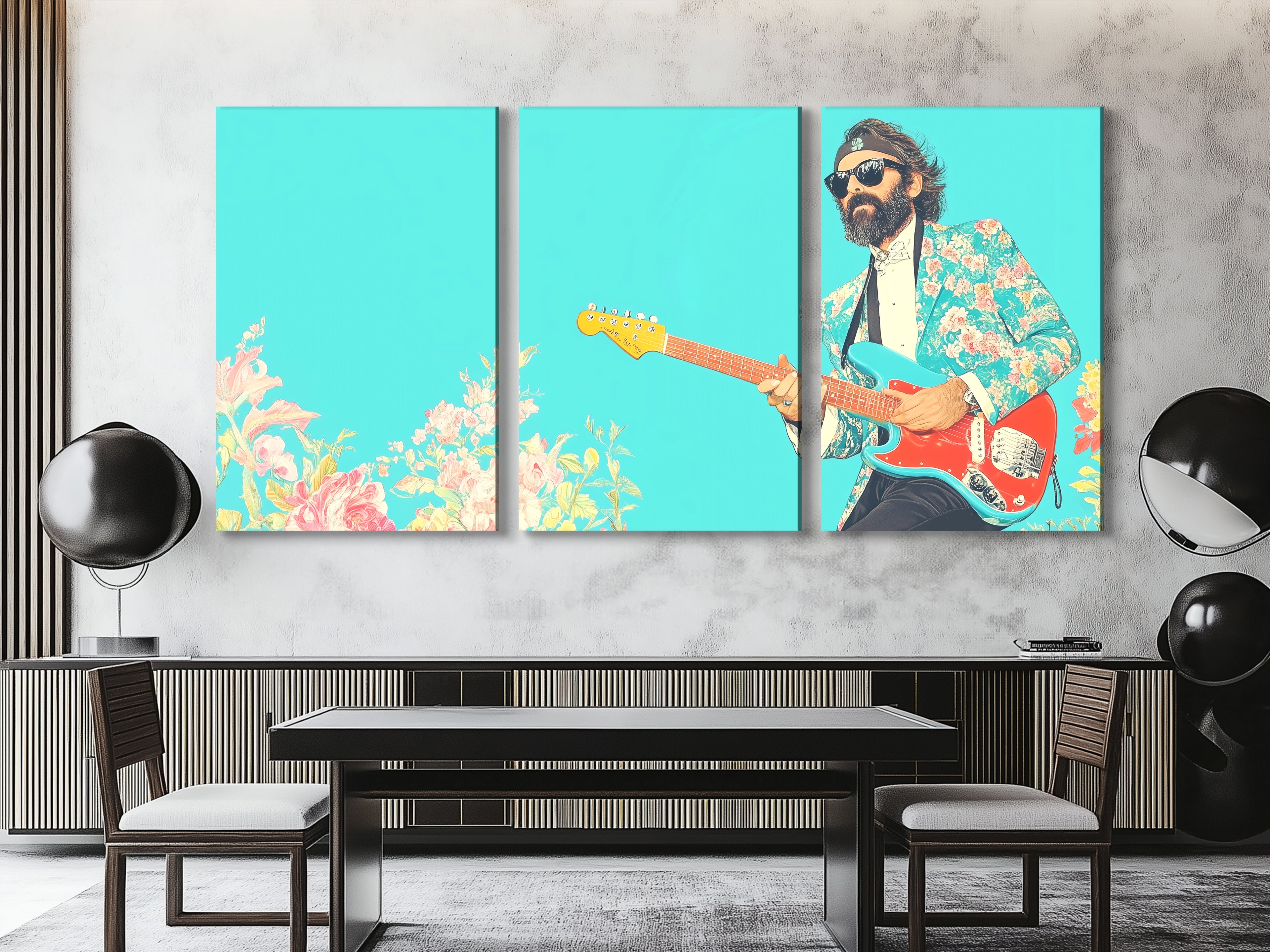 Wall art triptych featuring a musician in a floral suit playing guitar, displayed in a modern dining room.