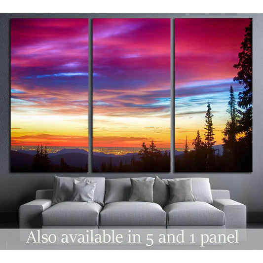 Colorful Sky and Forest Landscape Wall Art for Modern DecorThis canvas print features a stunning sunset with a vibrant palette of colors stretching across the sky, silhouetting a tranquil forest landscape. It brings a dynamic and colorful touch to any spa