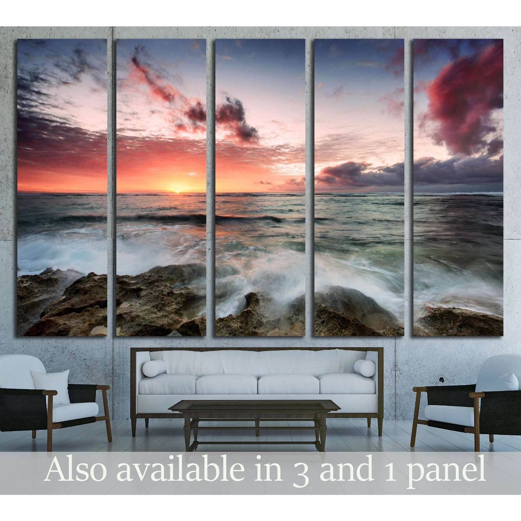 A cloudy sunset as waves crash over rocks №2823 Ready to Hang Canvas PrintCanvas art arrives ready to hang, with hanging accessories included and no additional framing required. Every canvas print is hand-crafted, made on-demand at our workshop and expert