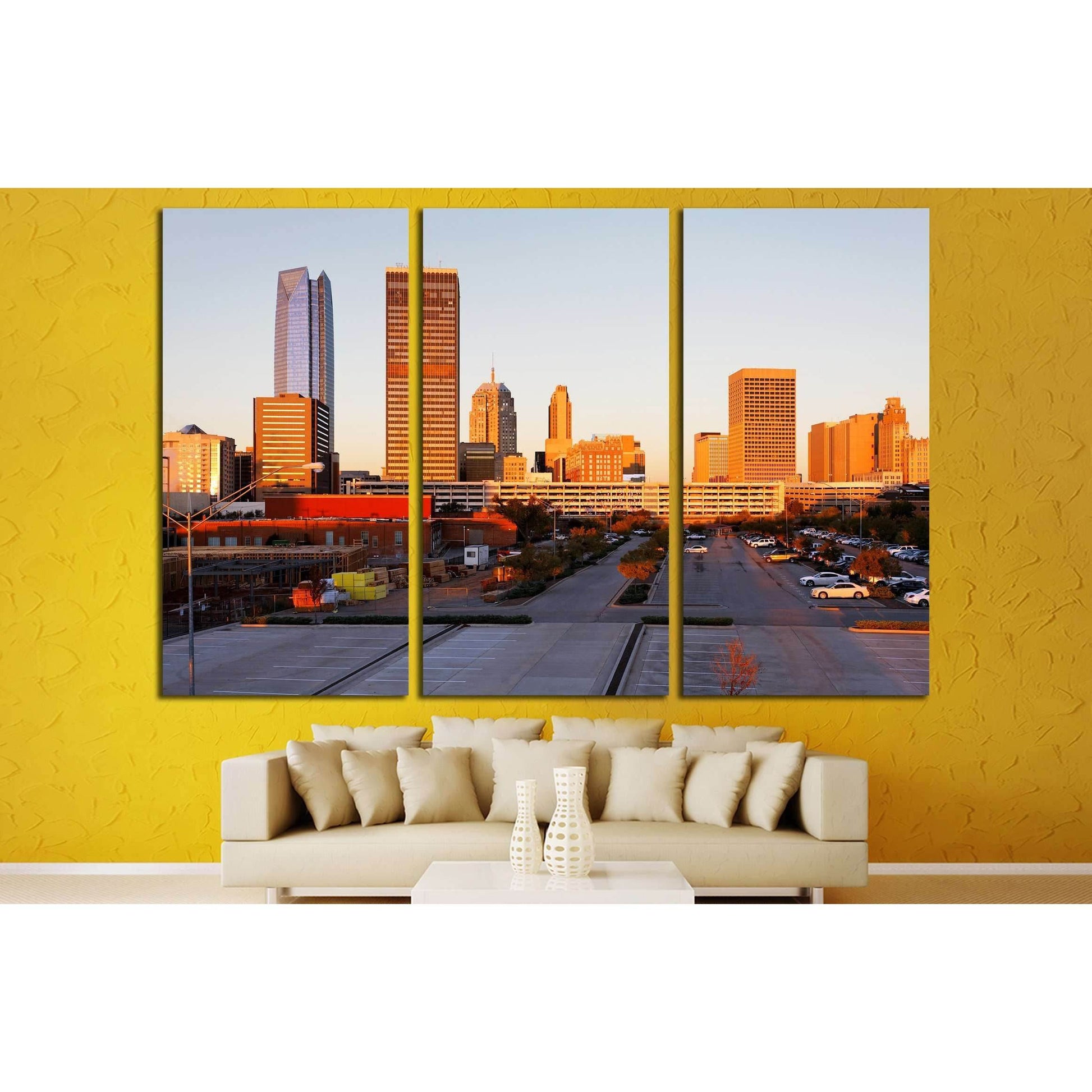 A view of the skyline of Oklahoma City at sunrise. №2636 Ready to Hang Canvas PrintCanvas art arrives ready to hang, with hanging accessories included and no additional framing required. Every canvas print is hand-crafted, made on-demand at our workshop a