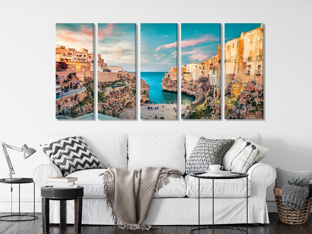 Sun-kissed seaside painting showcasing warm stone facades and turquoise waves, transformed into an immersive wall art piece and premium canvas print artwork.