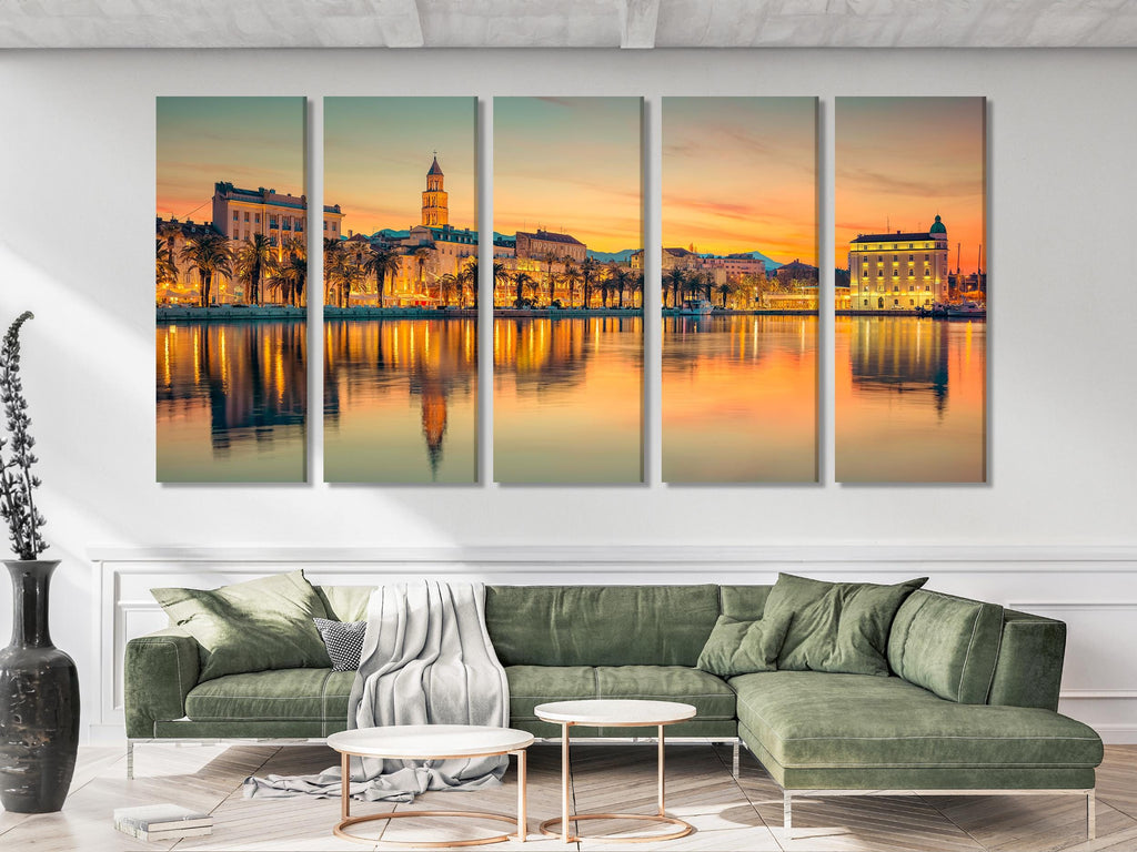 Split Croatia Cityscape Wall Art, Sunset Canvas Print, Coastal City Decor, Modern 5 Panel Artwork, Mediterranean Landscape Canvas Art Print