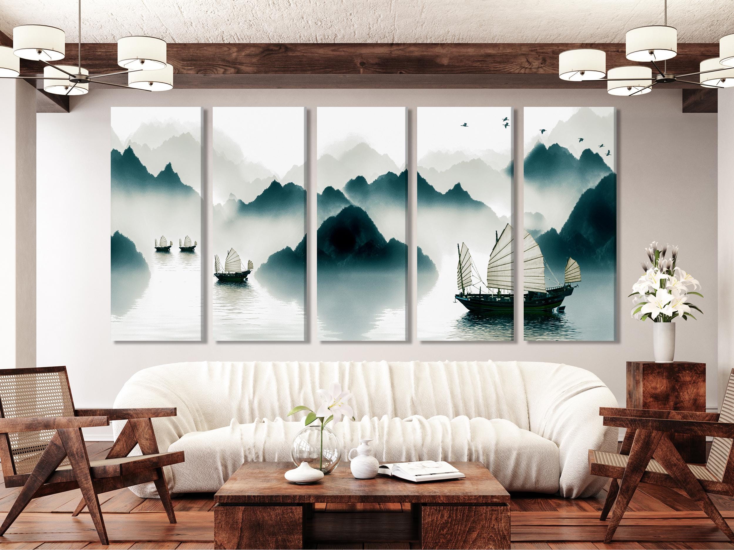 Foggy Mountains Wall Art - Chinese Junk Boats Canvas Print, Large 5 Panel Asian Landscape, Serene Water Scene Artwork, Tranquil Nature Decor