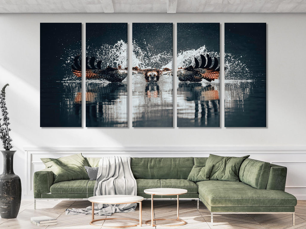 Fischadler Jagd Leinwanddruck, Majestätischer Seefalke Wandkunst, Große Tierfotografie, Raubtier in Aktion Dekor, Natur und Vogel Kunstwerk