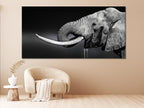 Elegant wildlife artwork highlighting an African elephant in striking grayscale, capturing its powerful presence through detailed shading and texture.
